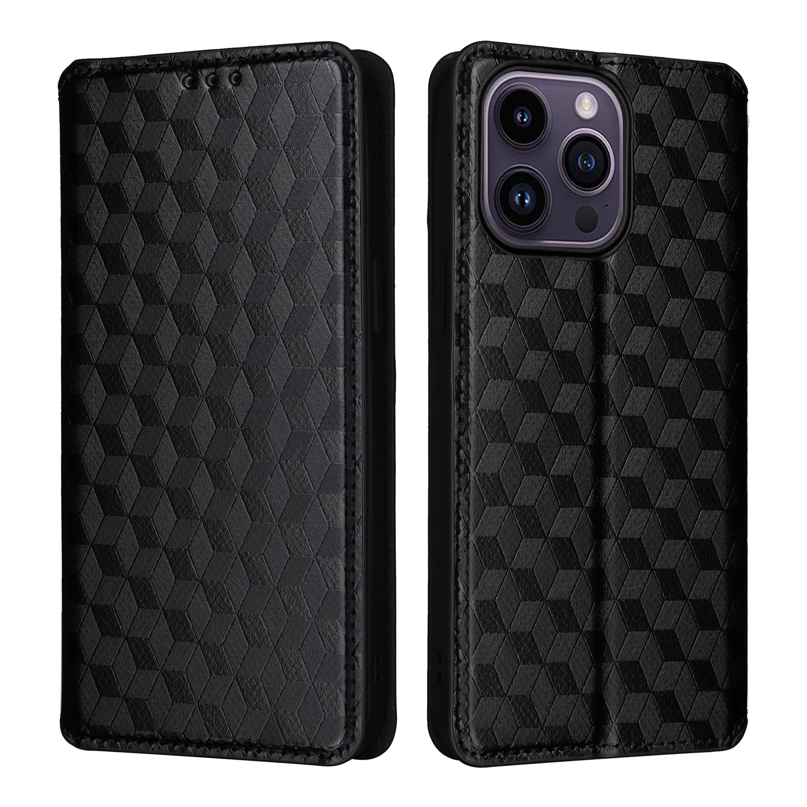 Wallet Stand Phone Case for iPhone 15 Pro , PU Leather + TPU Rhombus Imprinted Cover - Black