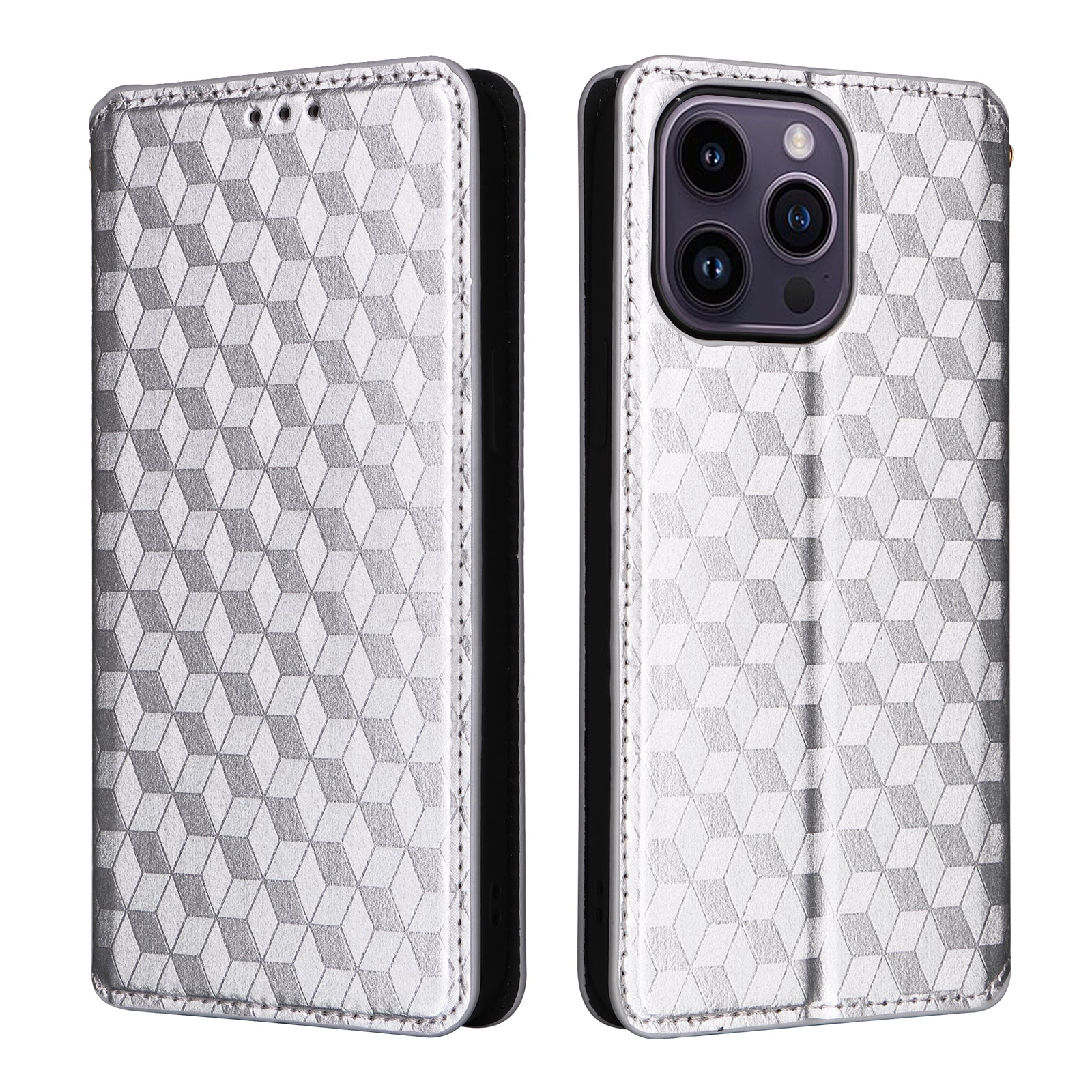 Wallet Stand Phone Case for iPhone 15 Pro , PU Leather + TPU Rhombus Imprinted Cover - Silver