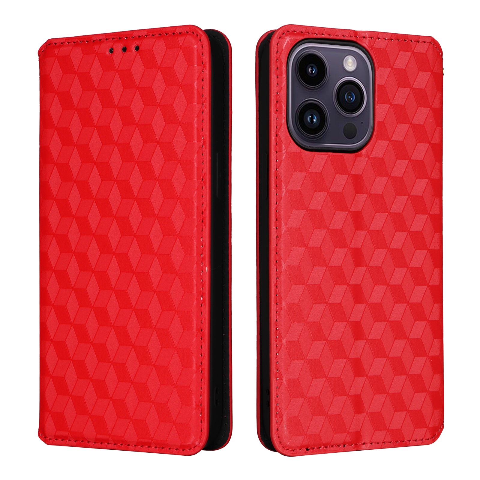 Wallet Stand Phone Case for iPhone 15 Pro , PU Leather + TPU Rhombus Imprinted Cover - Red