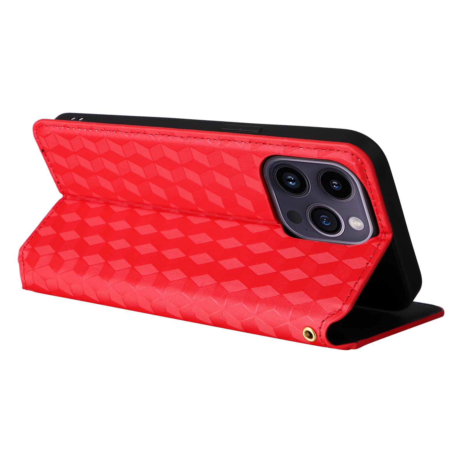 Wallet Stand Phone Case for iPhone 15 Pro , PU Leather + TPU Rhombus Imprinted Cover - Red