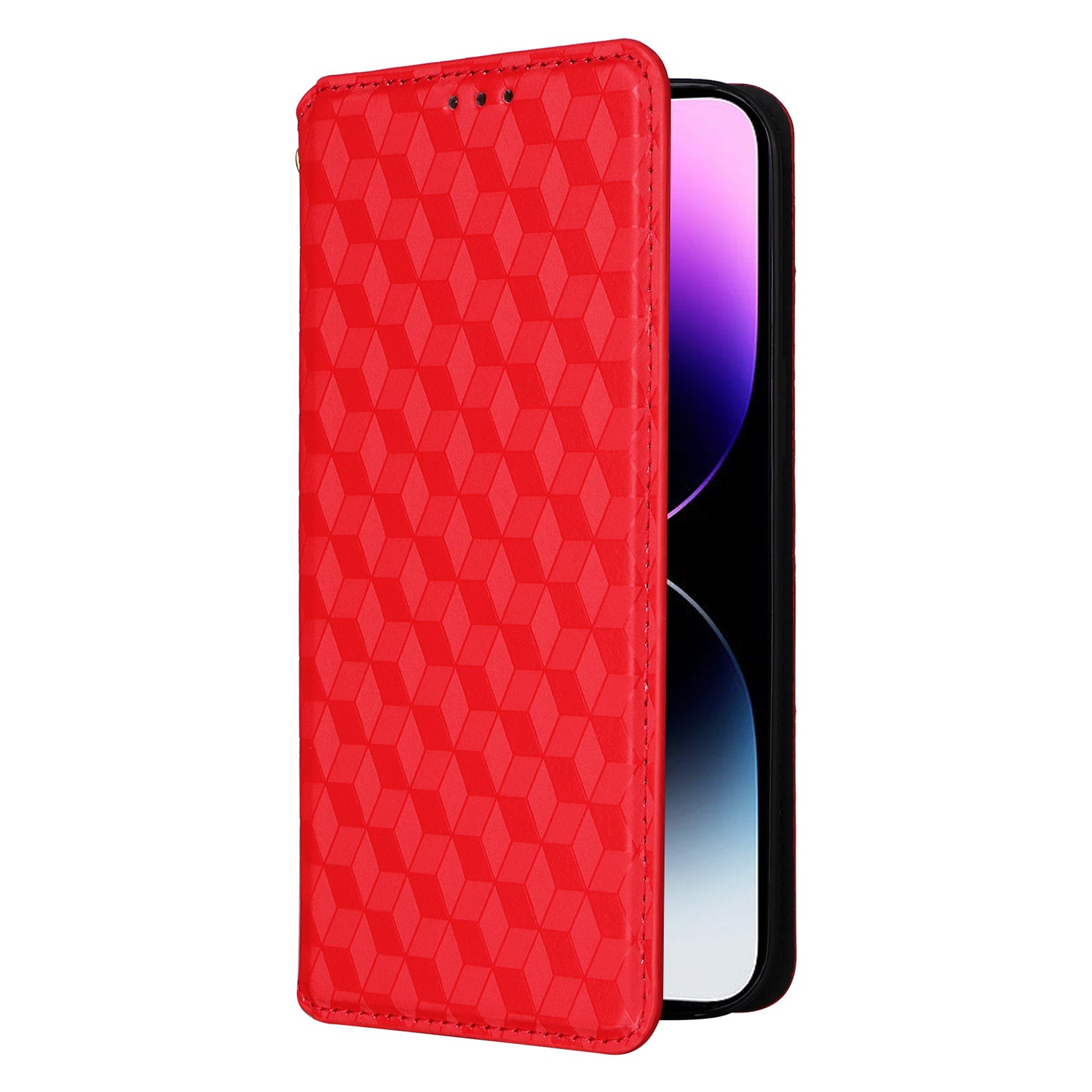 Wallet Stand Phone Case for iPhone 15 Pro , PU Leather + TPU Rhombus Imprinted Cover - Red