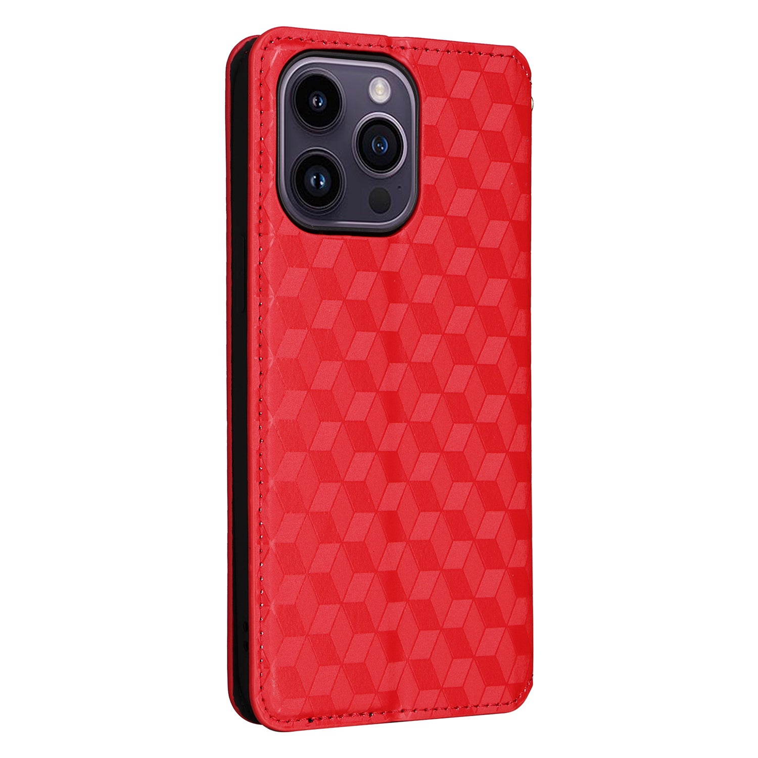 Wallet Stand Phone Case for iPhone 15 Pro , PU Leather + TPU Rhombus Imprinted Cover - Red