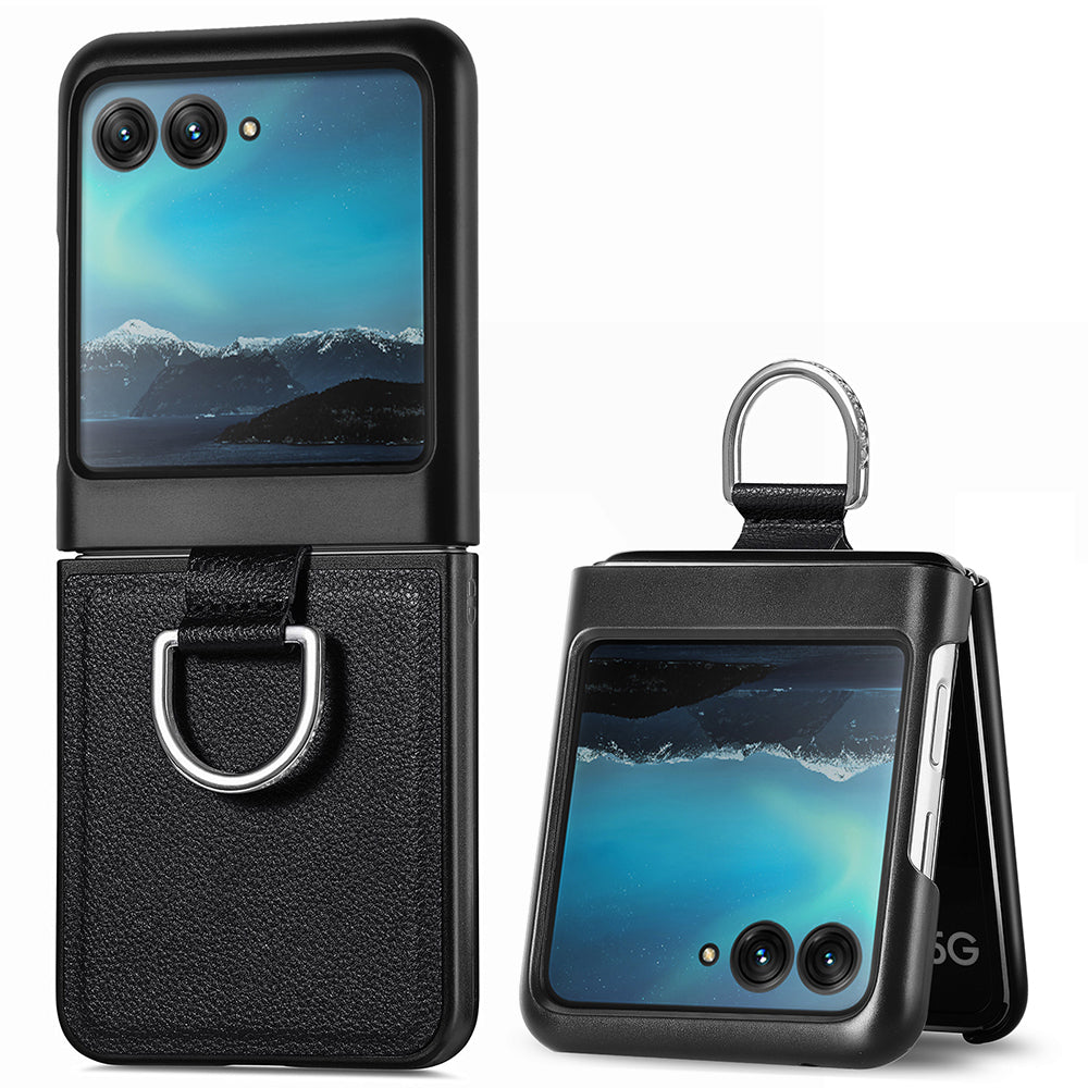 Uniqkart for Motorola Razr 40 Ultra 5G PU Leather Coated PC Phone Case Finger Ring Holder Litchi Texture Phone Cover - Black