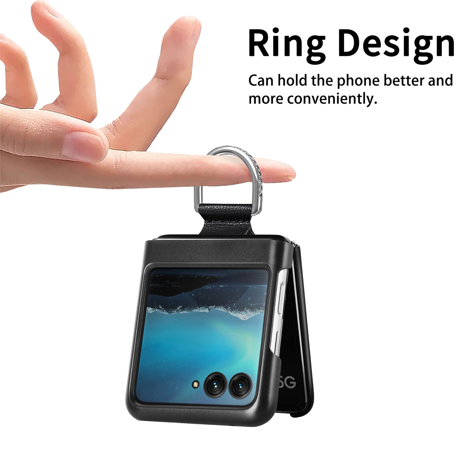 Uniqkart for Motorola Razr 40 Ultra 5G PU Leather Coated PC Phone Case Finger Ring Holder Litchi Texture Phone Cover - Black