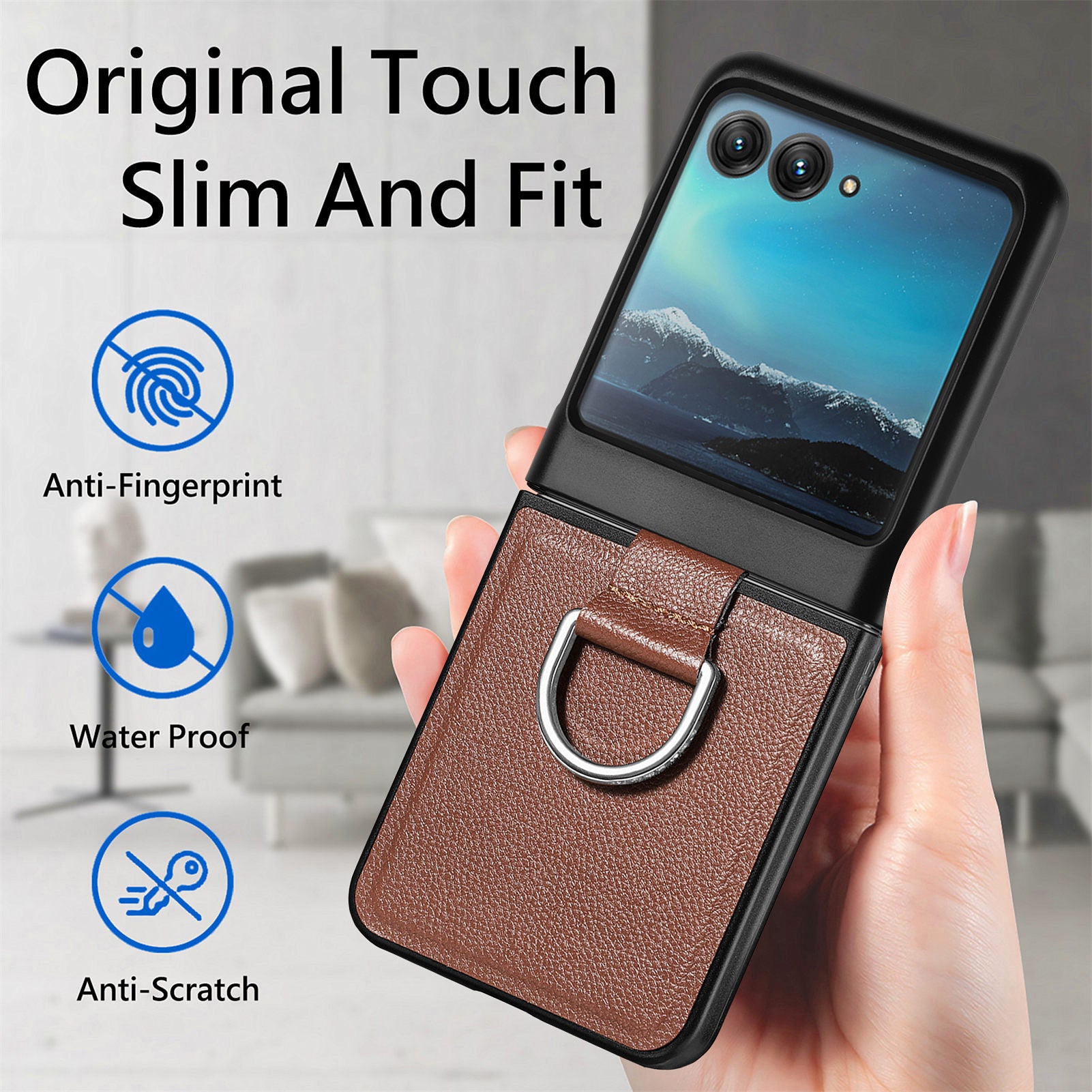 Uniqkart for Motorola Razr 40 Ultra 5G PU Leather Coated PC Phone Case Finger Ring Holder Litchi Texture Phone Cover - Brown