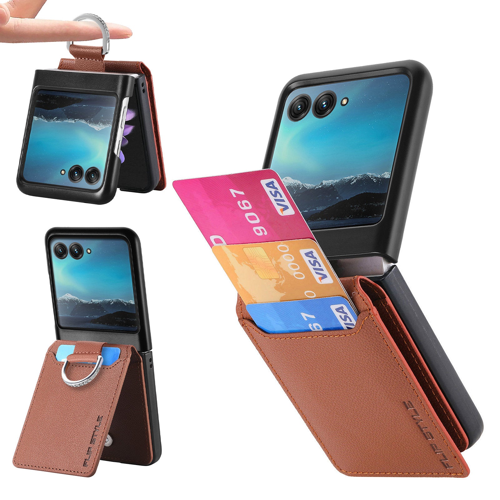 Card Holder Phone Case for Motorola Razr 40 Ultra 5G , Ring Holder Leather Coated PC Kickstand Cover - Brown