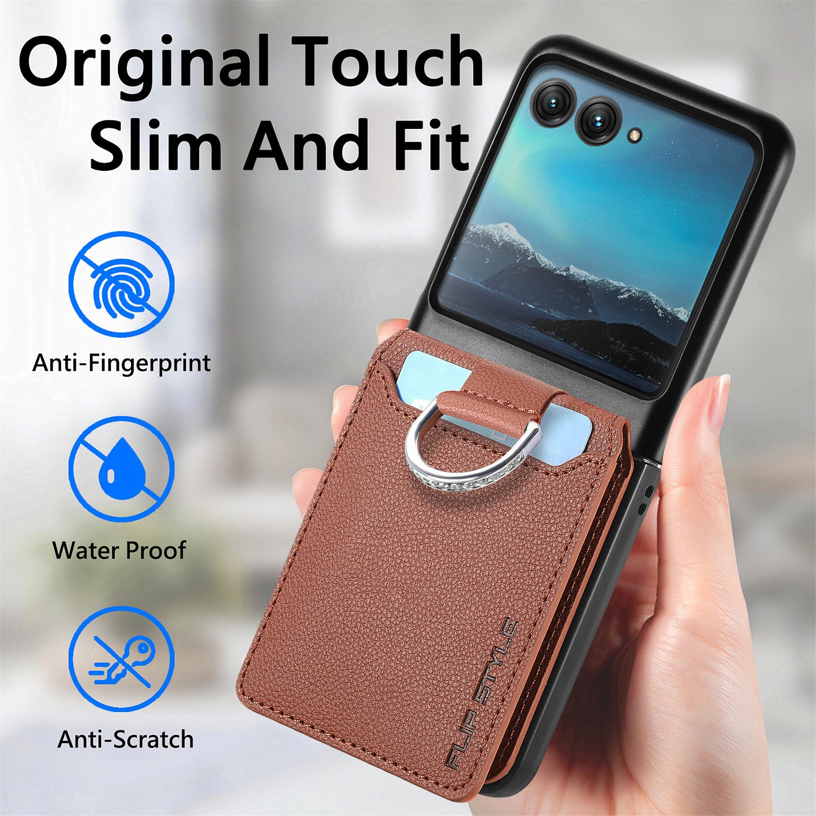 Card Holder Phone Case for Motorola Razr 40 Ultra 5G , Ring Holder Leather Coated PC Kickstand Cover - Brown