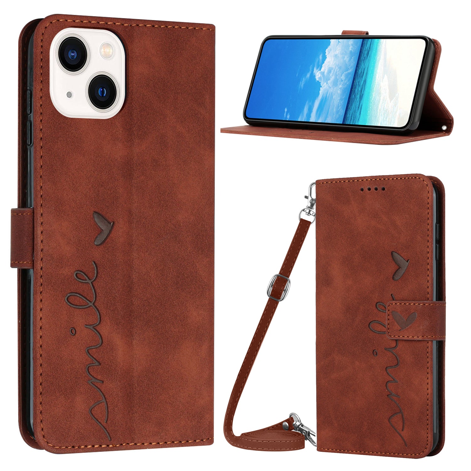 Wallet Stand Phone Leather Case for iPhone 15 Plus , Heart Shape Imprinted Phone Cover with Shoulder Strap - Brown