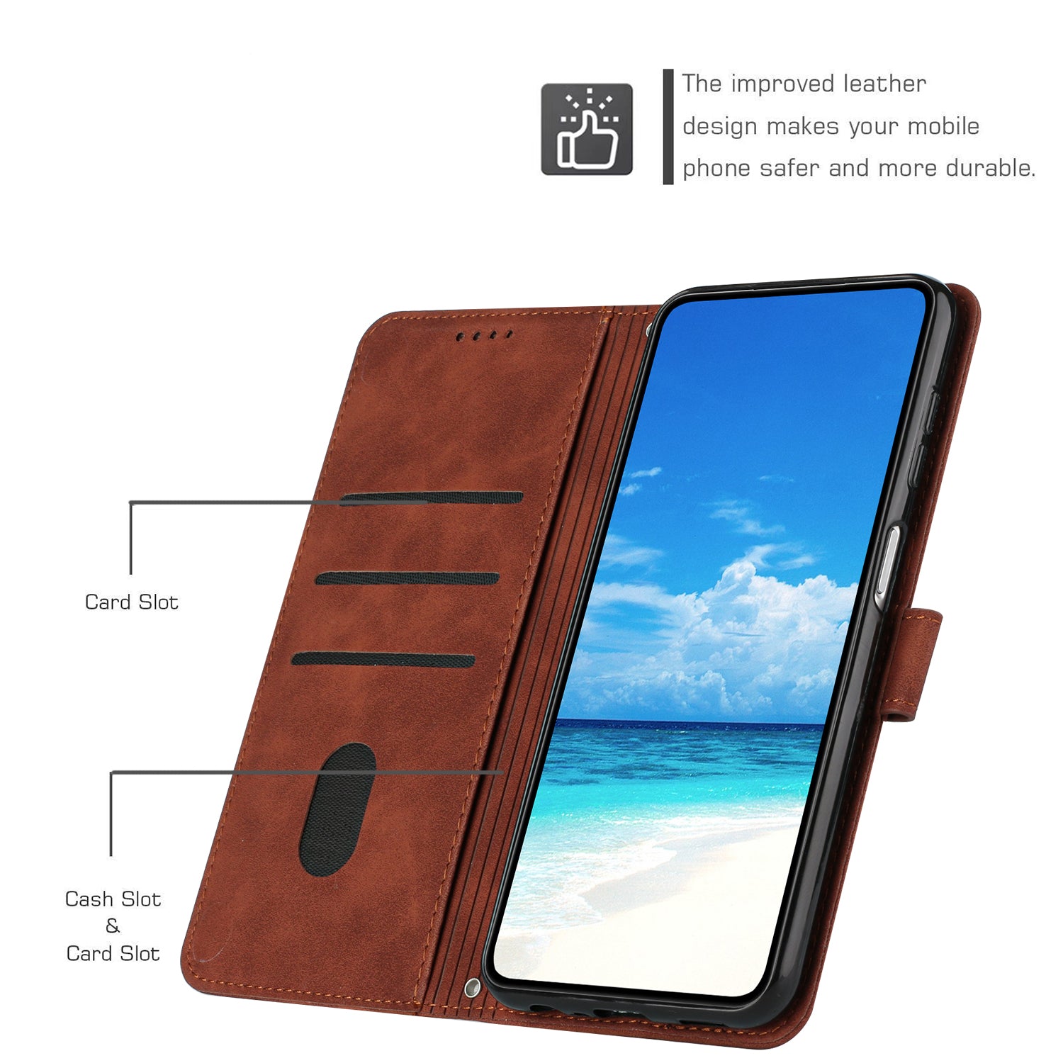 Wallet Stand Phone Leather Case for iPhone 15 Plus , Heart Shape Imprinted Phone Cover with Shoulder Strap - Brown