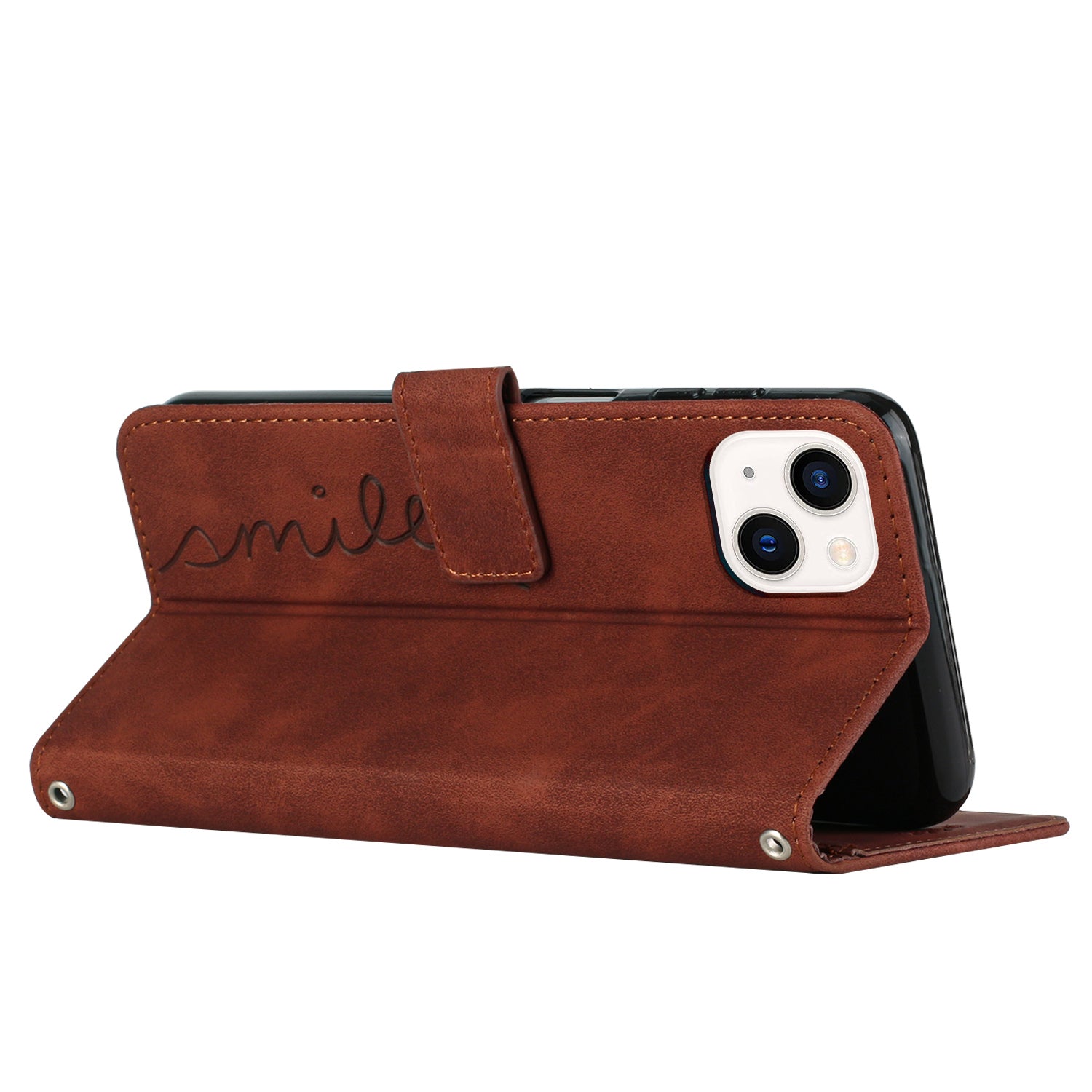 Wallet Stand Phone Leather Case for iPhone 15 Plus , Heart Shape Imprinted Phone Cover with Shoulder Strap - Brown