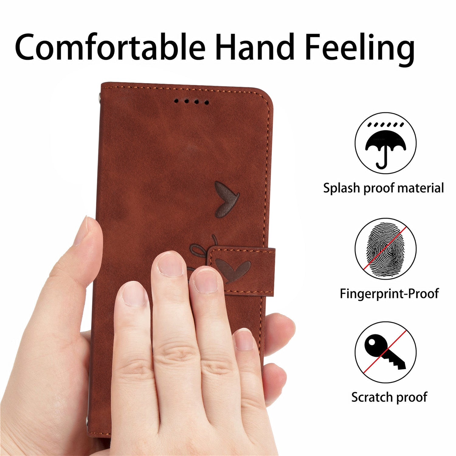 Wallet Stand Phone Leather Case for iPhone 15 Plus , Heart Shape Imprinted Phone Cover with Shoulder Strap - Brown