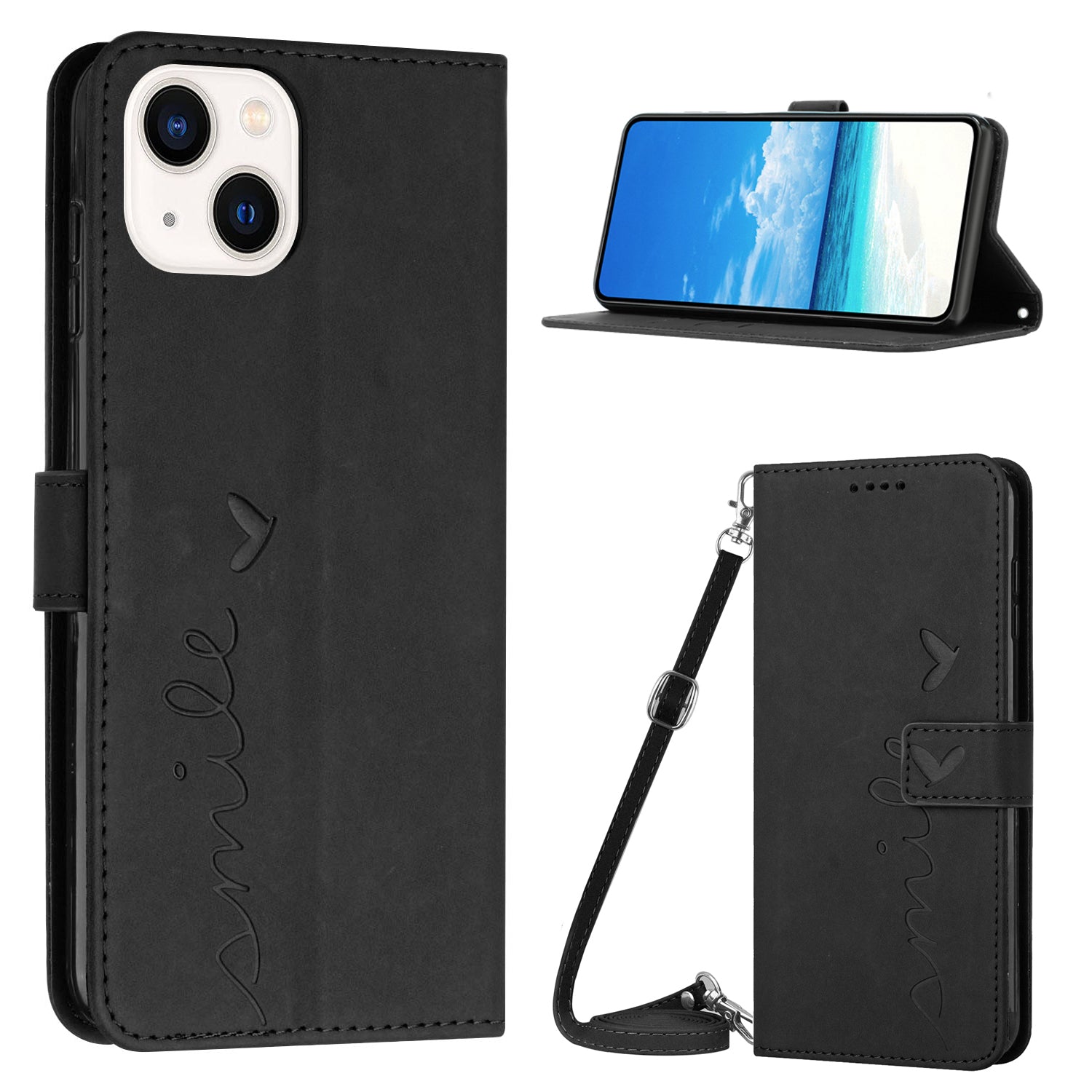 Wallet Stand Phone Leather Case for iPhone 15 Plus , Heart Shape Imprinted Phone Cover with Shoulder Strap - Black