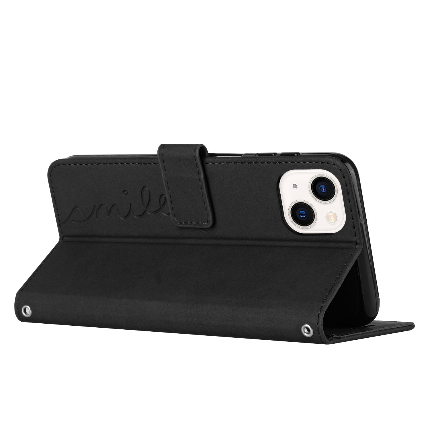 Wallet Stand Phone Leather Case for iPhone 15 Plus , Heart Shape Imprinted Phone Cover with Shoulder Strap - Black