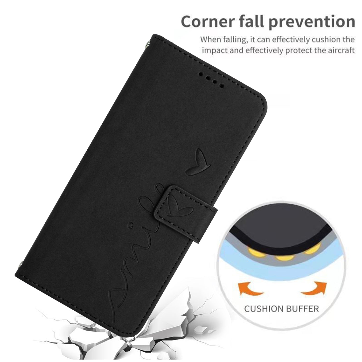 Wallet Stand Phone Leather Case for iPhone 15 Plus , Heart Shape Imprinted Phone Cover with Shoulder Strap - Black