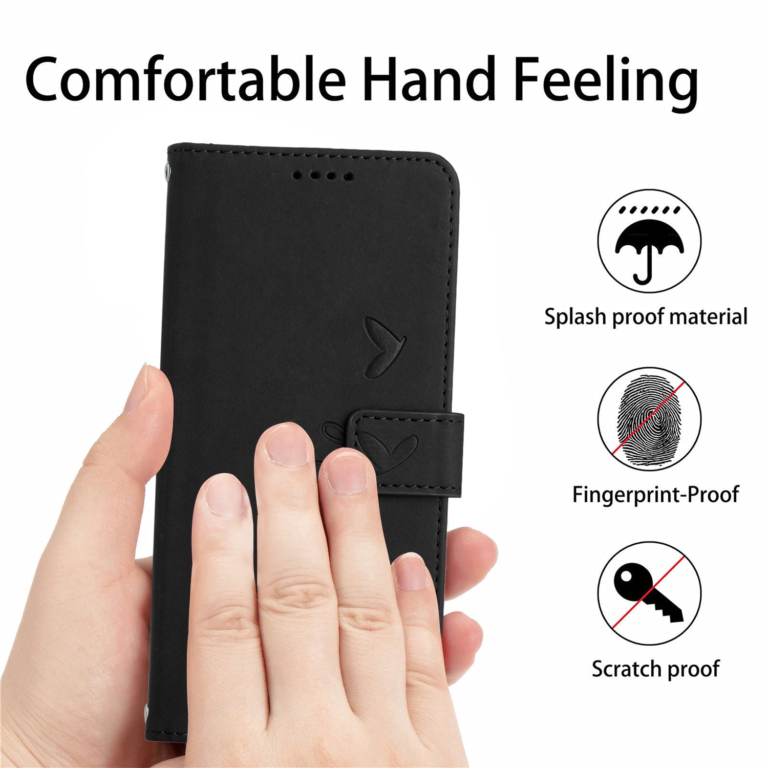 Wallet Stand Phone Leather Case for iPhone 15 Plus , Heart Shape Imprinted Phone Cover with Shoulder Strap - Black