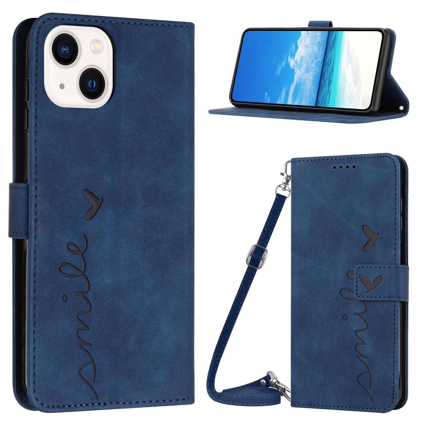 Wallet Stand Phone Leather Case for iPhone 15 Plus , Heart Shape Imprinted Phone Cover with Shoulder Strap - Sapphire