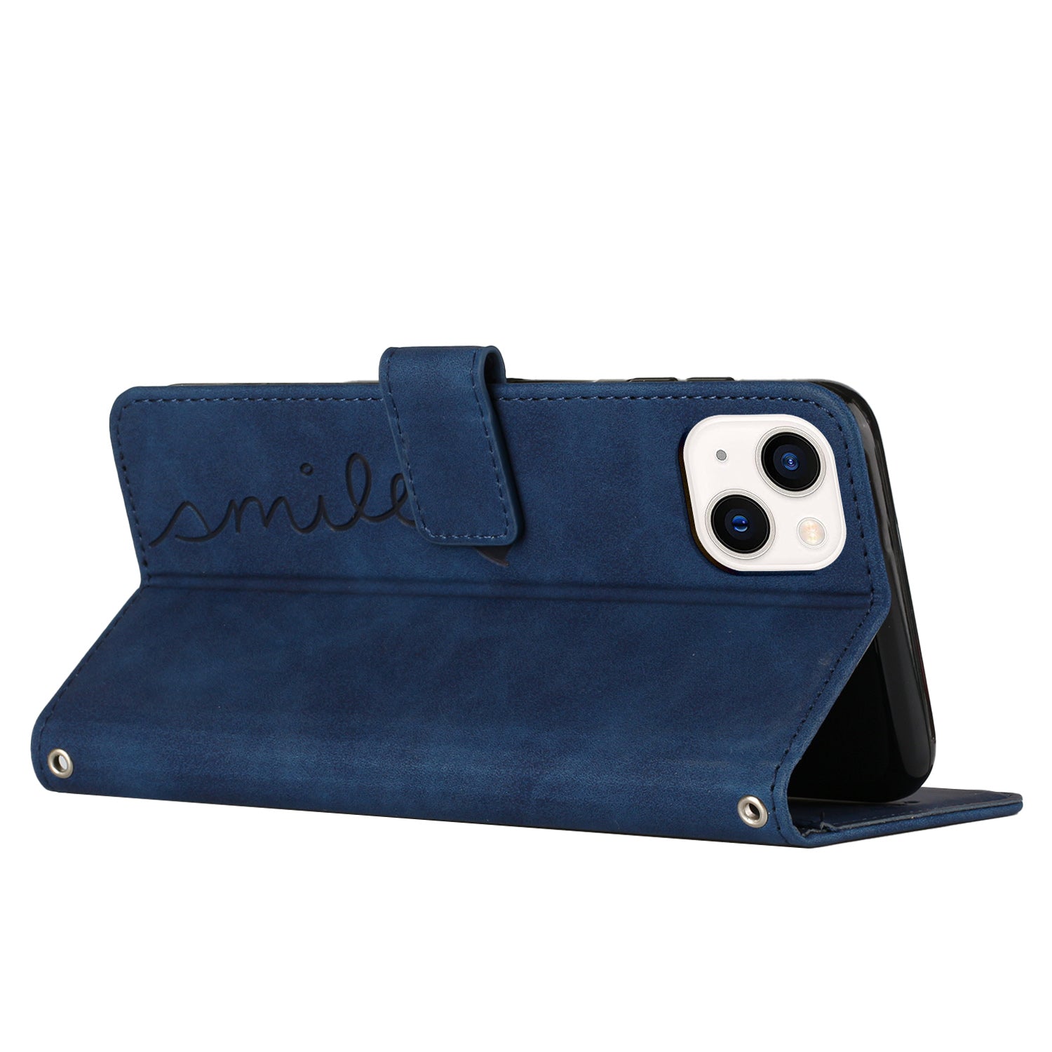 Wallet Stand Phone Leather Case for iPhone 15 Plus , Heart Shape Imprinted Phone Cover with Shoulder Strap - Sapphire