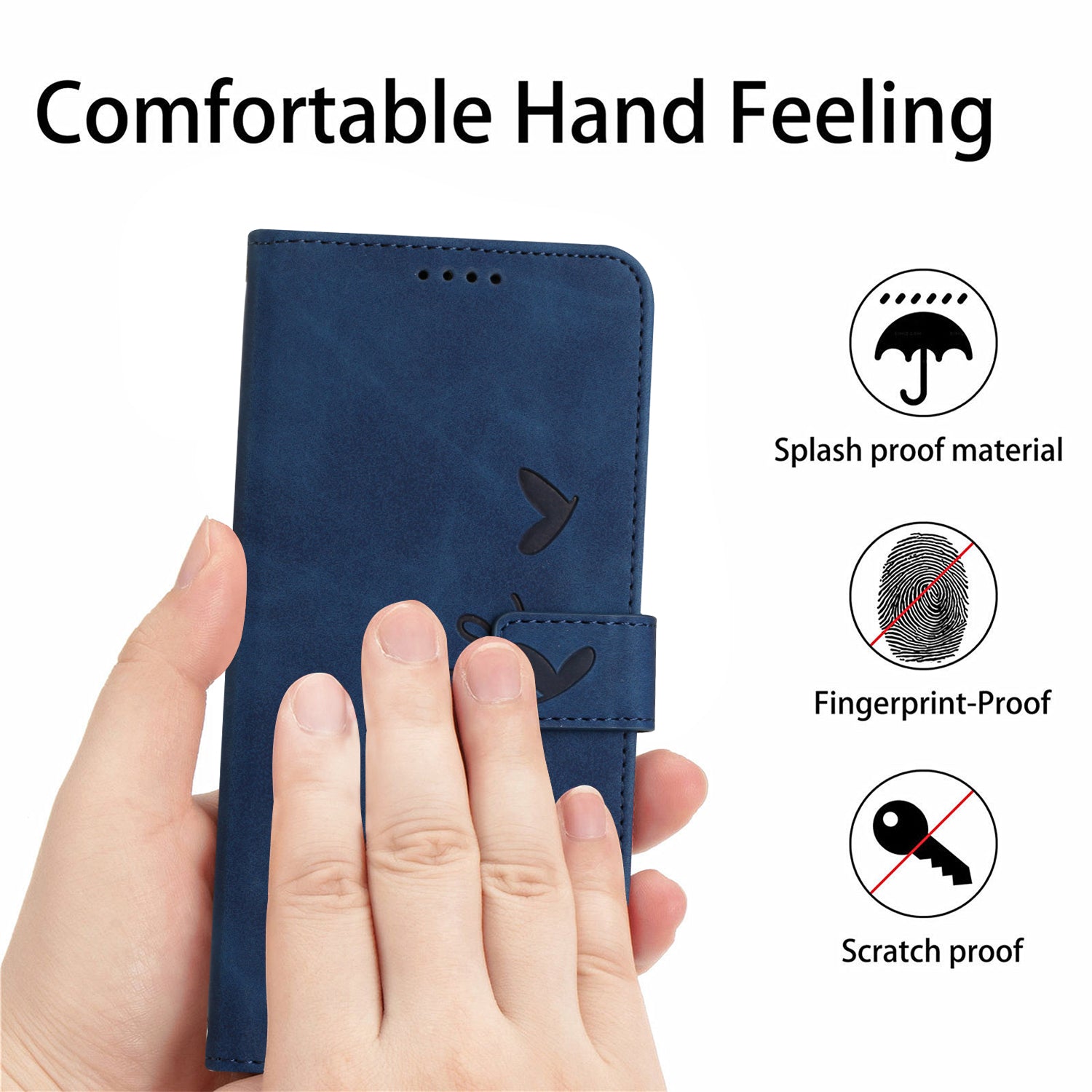 Wallet Stand Phone Leather Case for iPhone 15 Plus , Heart Shape Imprinted Phone Cover with Shoulder Strap - Sapphire