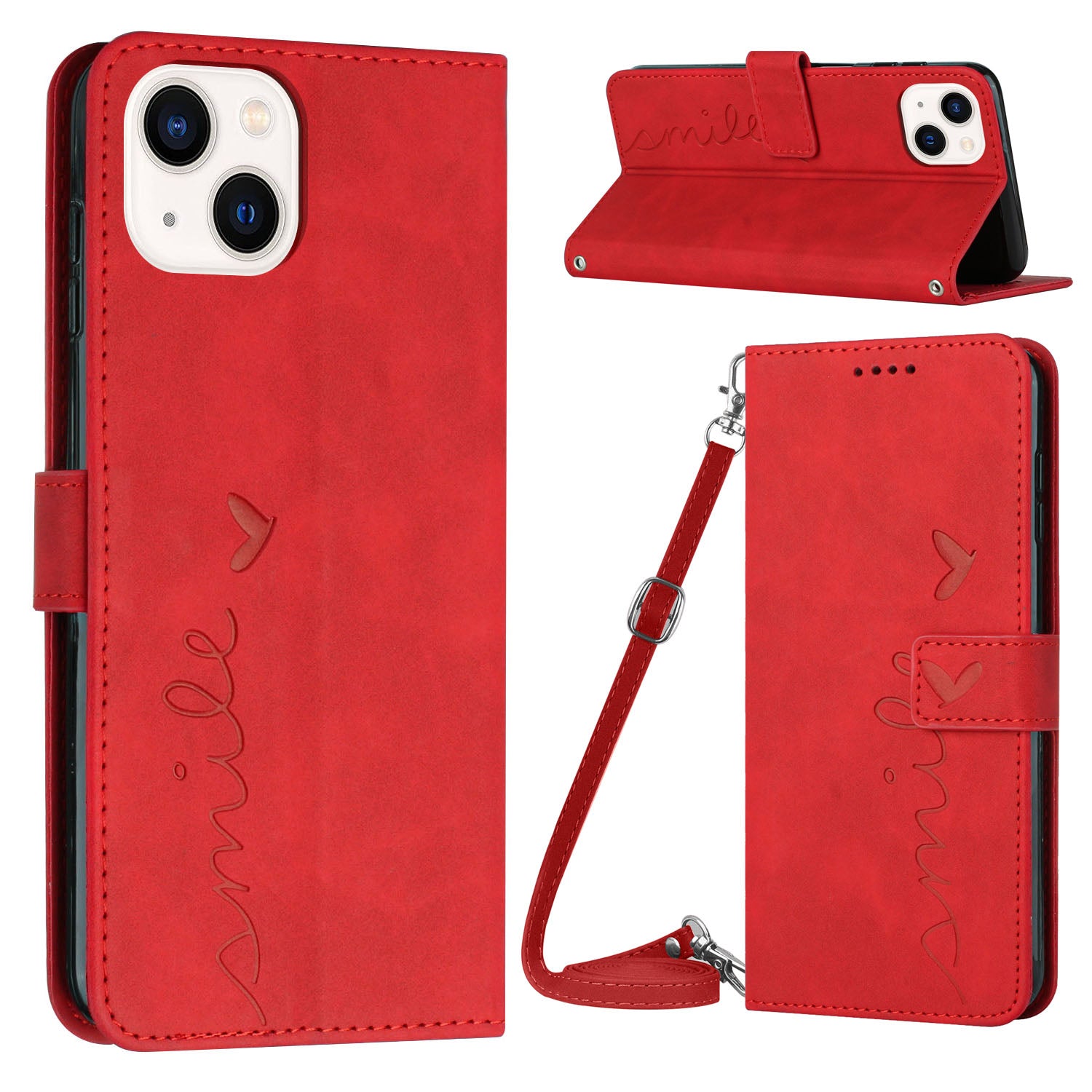 Wallet Stand Phone Leather Case for iPhone 15 Plus , Heart Shape Imprinted Phone Cover with Shoulder Strap - Red