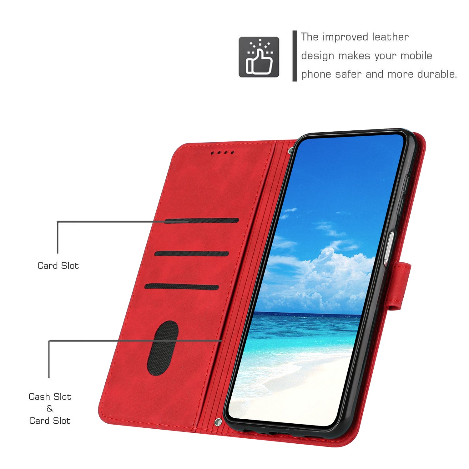 Wallet Stand Phone Leather Case for iPhone 15 Plus , Heart Shape Imprinted Phone Cover with Shoulder Strap - Red