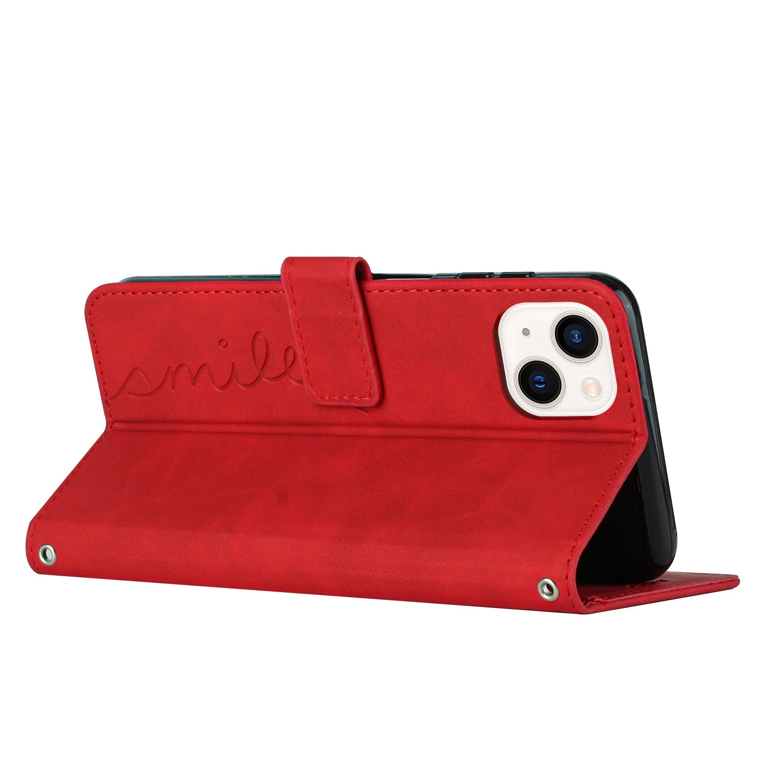 Wallet Stand Phone Leather Case for iPhone 15 Plus , Heart Shape Imprinted Phone Cover with Shoulder Strap - Red