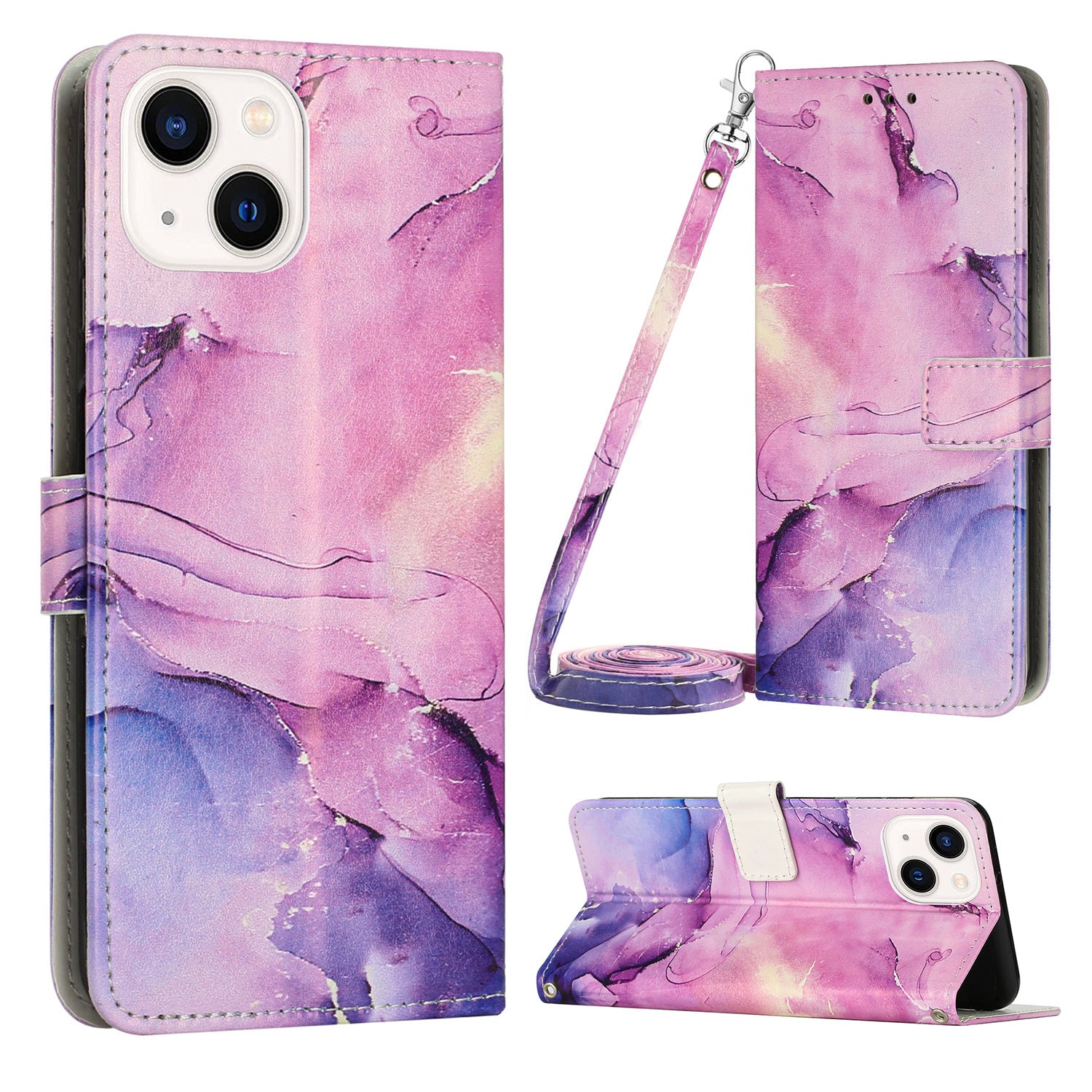 Wallet Phone Leather Case for iPhone 15 , Marble Pattern Stand Cover with Shoulder Strap - Purple