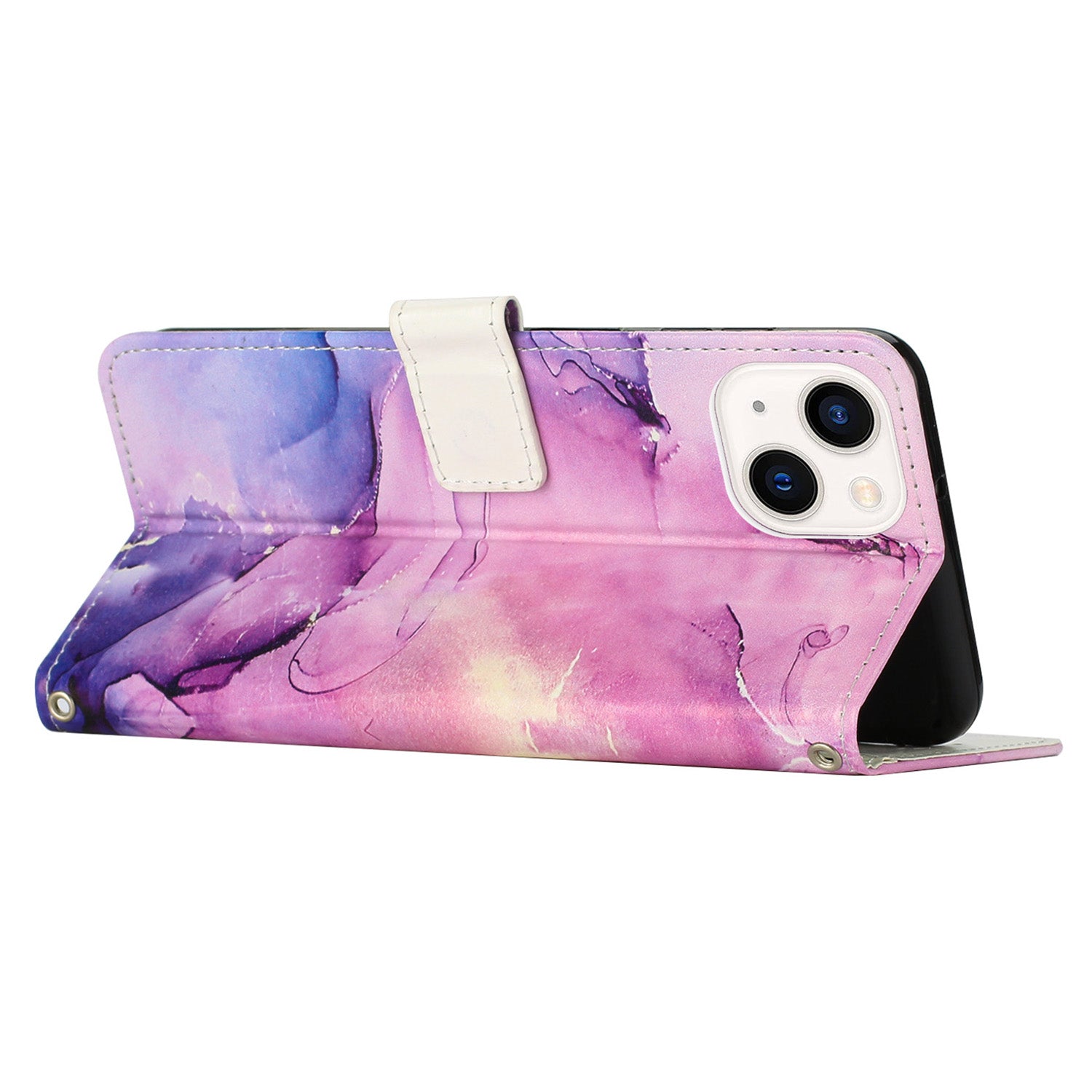 Wallet Phone Leather Case for iPhone 15 , Marble Pattern Stand Cover with Shoulder Strap - Purple