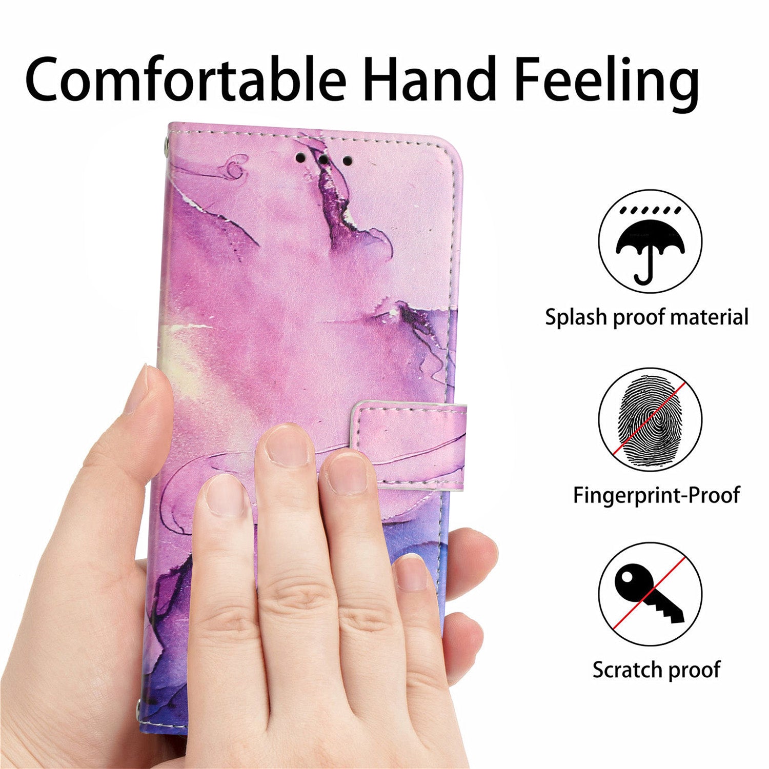 Wallet Phone Leather Case for iPhone 15 , Marble Pattern Stand Cover with Shoulder Strap - Purple