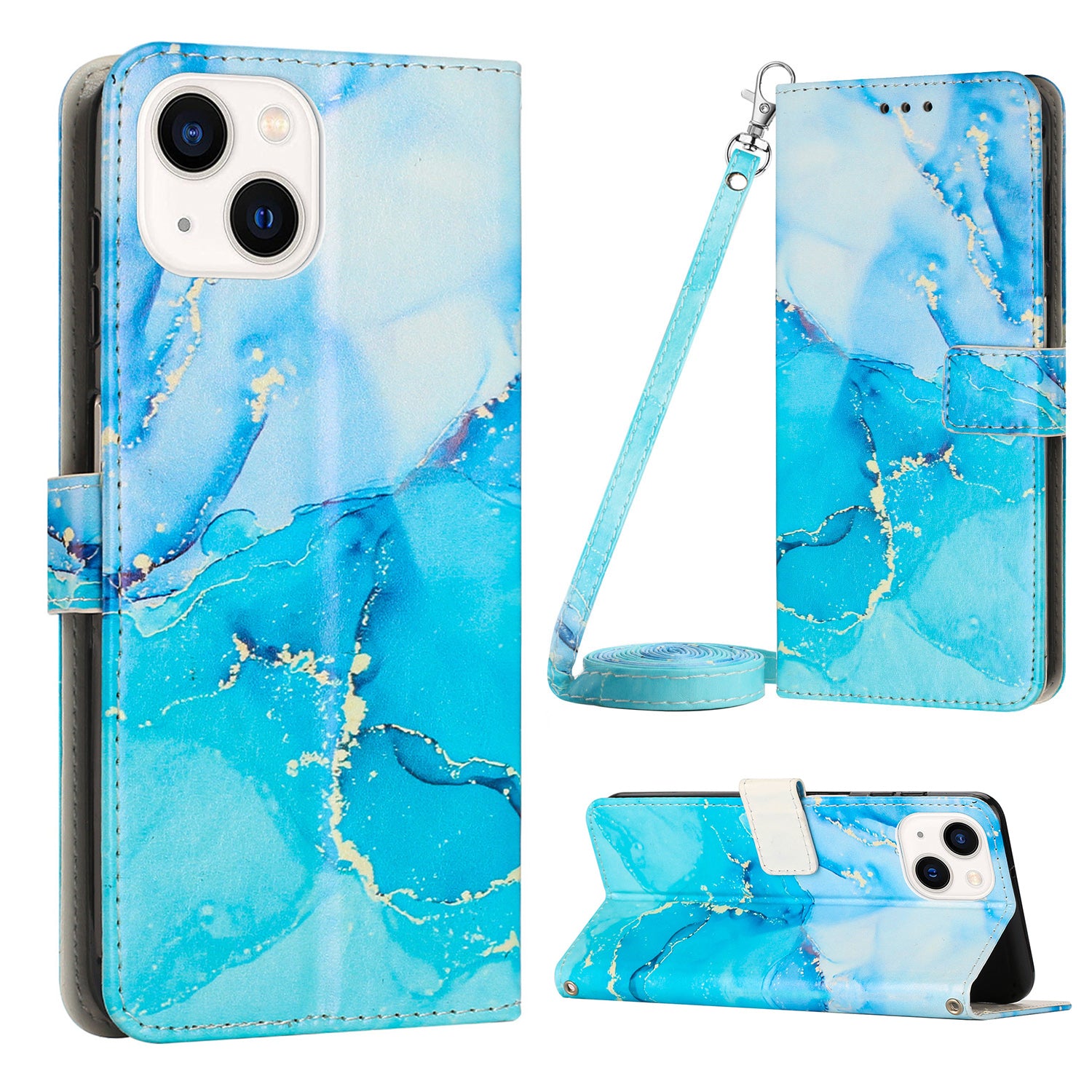 Wallet Phone Leather Case for iPhone 15 , Marble Pattern Stand Cover with Shoulder Strap - Blue / Green