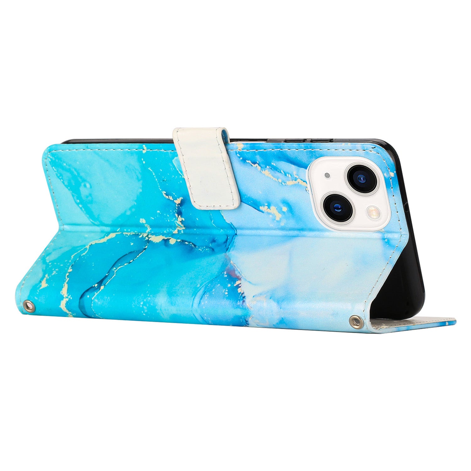 Wallet Phone Leather Case for iPhone 15 , Marble Pattern Stand Cover with Shoulder Strap - Blue / Green