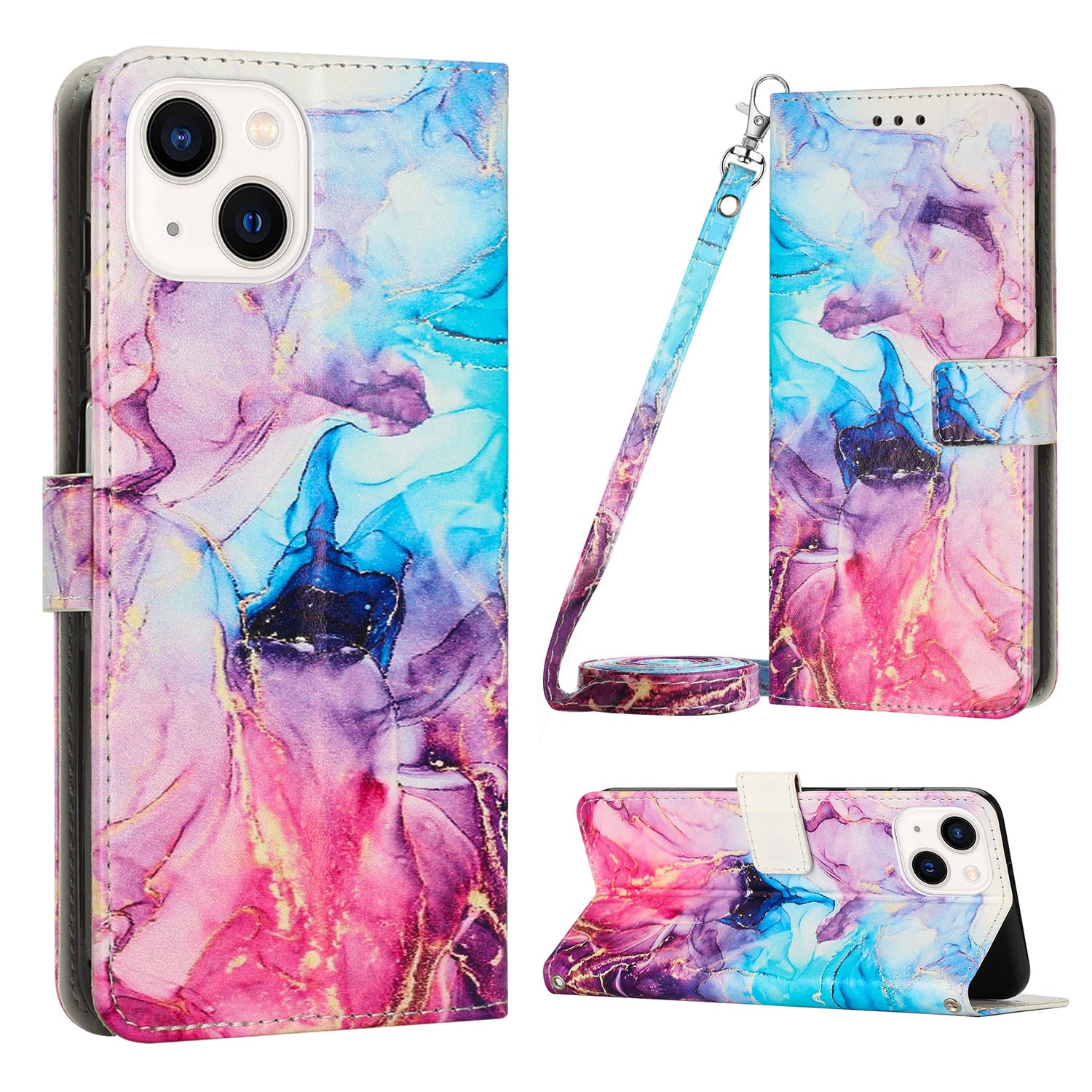 Wallet Phone Leather Case for iPhone 15 , Marble Pattern Stand Cover with Shoulder Strap - Pink / Purple
