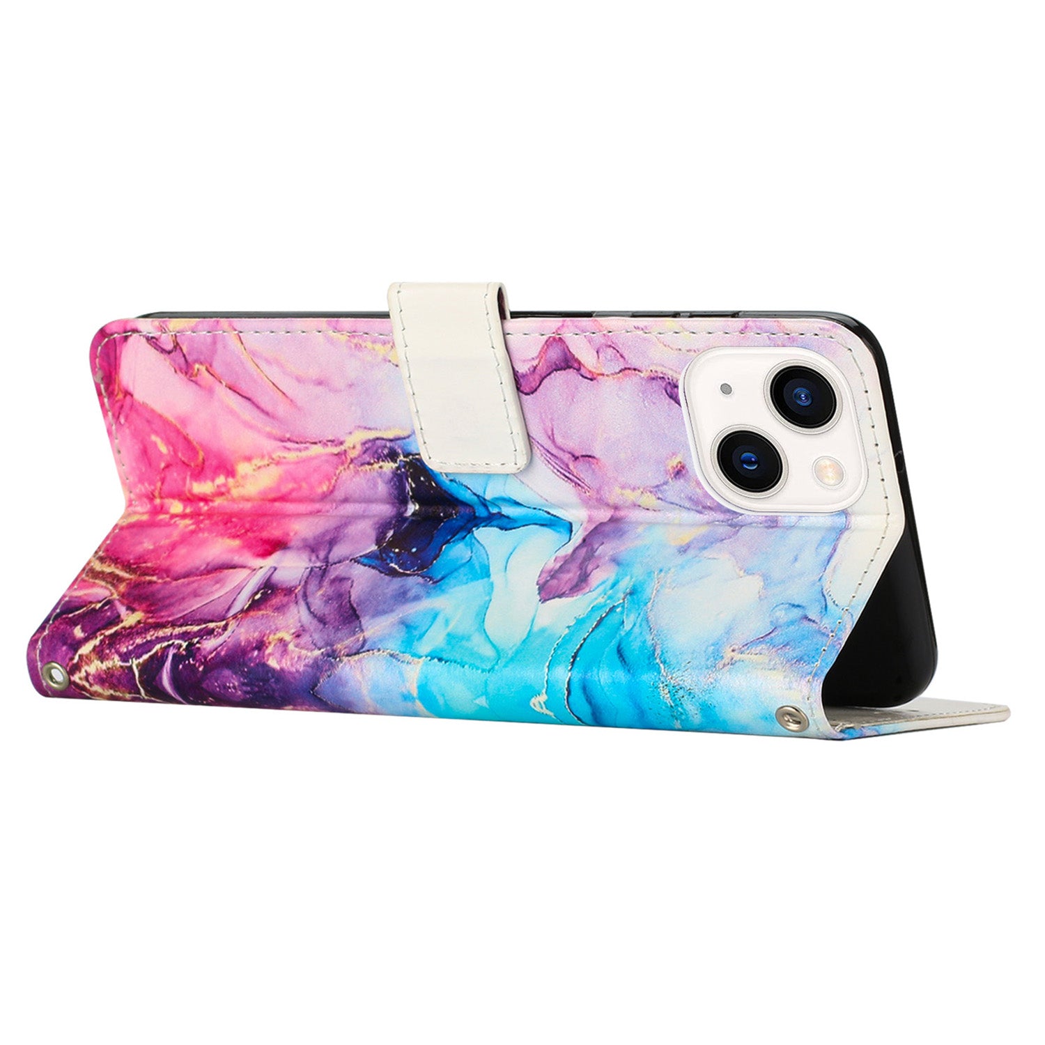 Wallet Phone Leather Case for iPhone 15 , Marble Pattern Stand Cover with Shoulder Strap - Pink / Purple