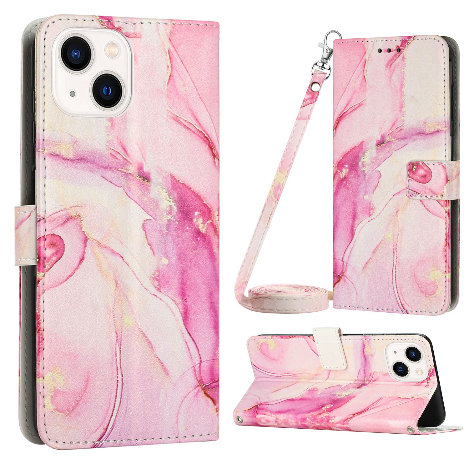 Wallet Phone Leather Case for iPhone 15 , Marble Pattern Stand Cover with Shoulder Strap - Rose Gold