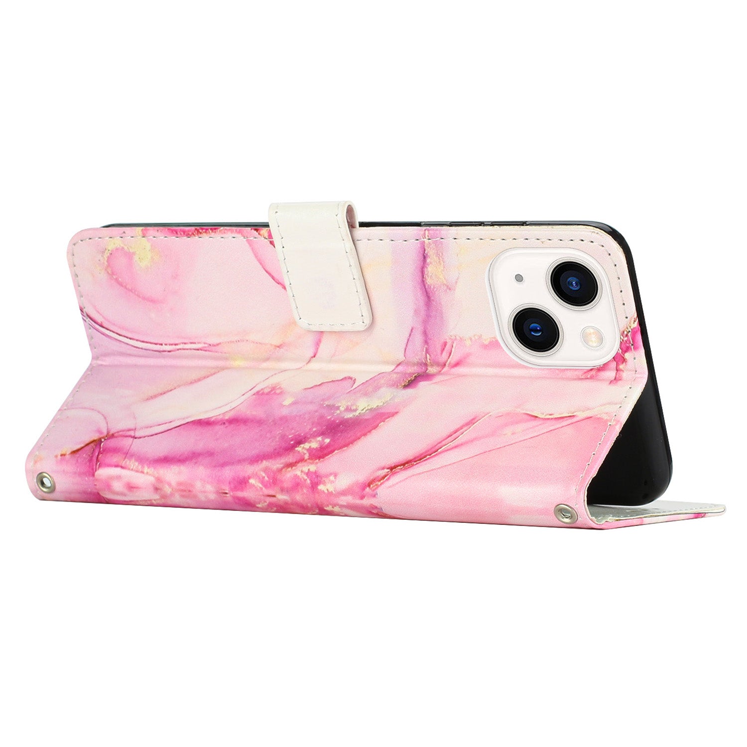 Wallet Phone Leather Case for iPhone 15 , Marble Pattern Stand Cover with Shoulder Strap - Rose Gold