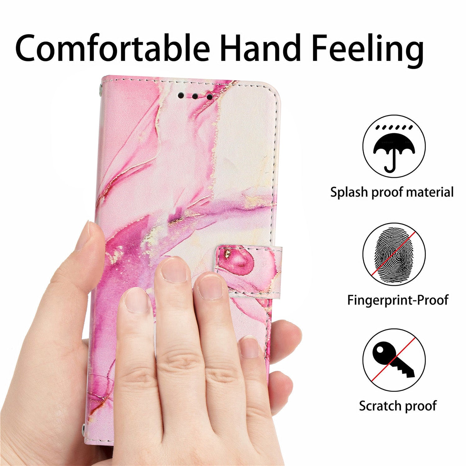 Wallet Phone Leather Case for iPhone 15 , Marble Pattern Stand Cover with Shoulder Strap - Rose Gold