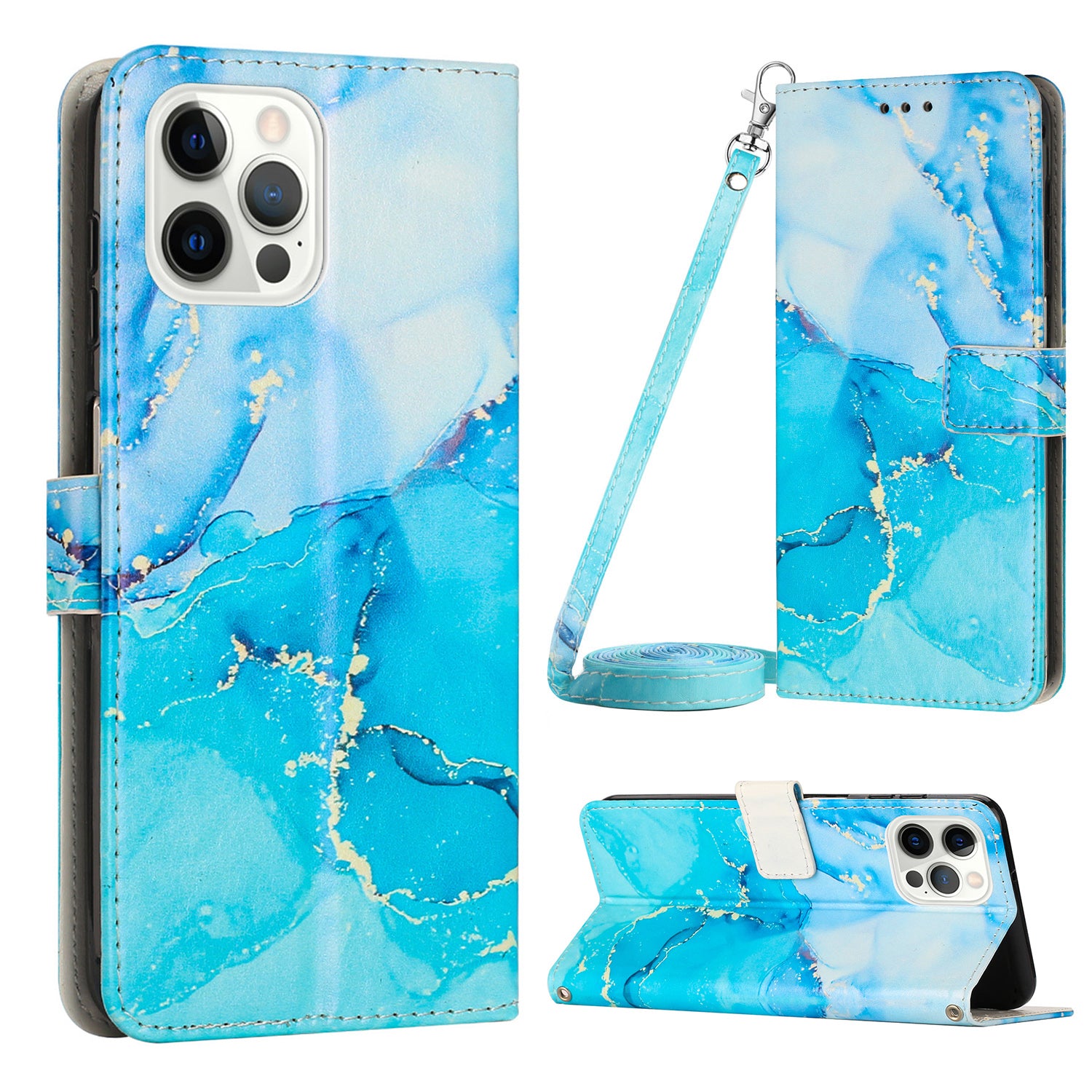 Wallet PU Leather Phone Case for iPhone 15 Pro , Marble Pattern Stand Case with Shoulder Strap - Blue / Green