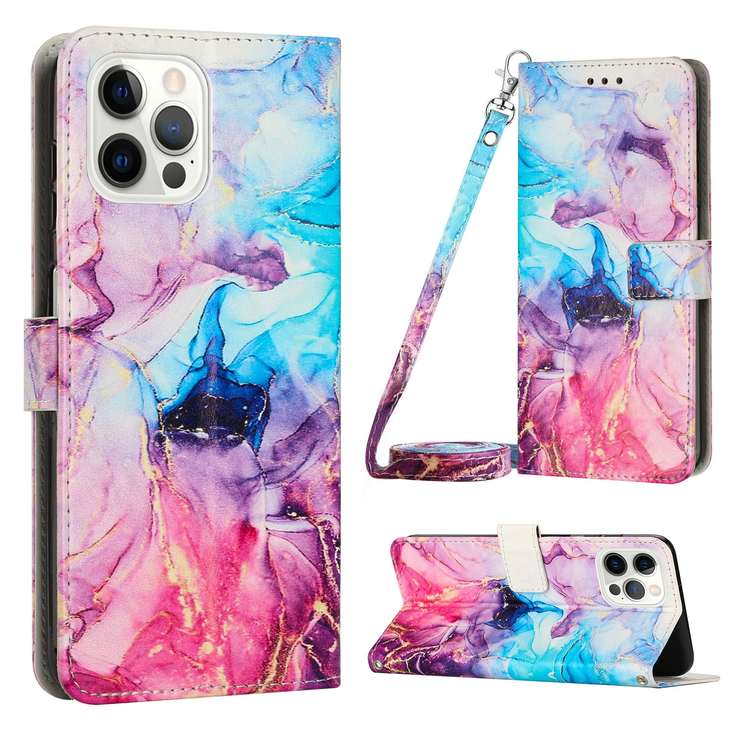 Wallet PU Leather Phone Case for iPhone 15 Pro , Marble Pattern Stand Case with Shoulder Strap - Pink / Purple