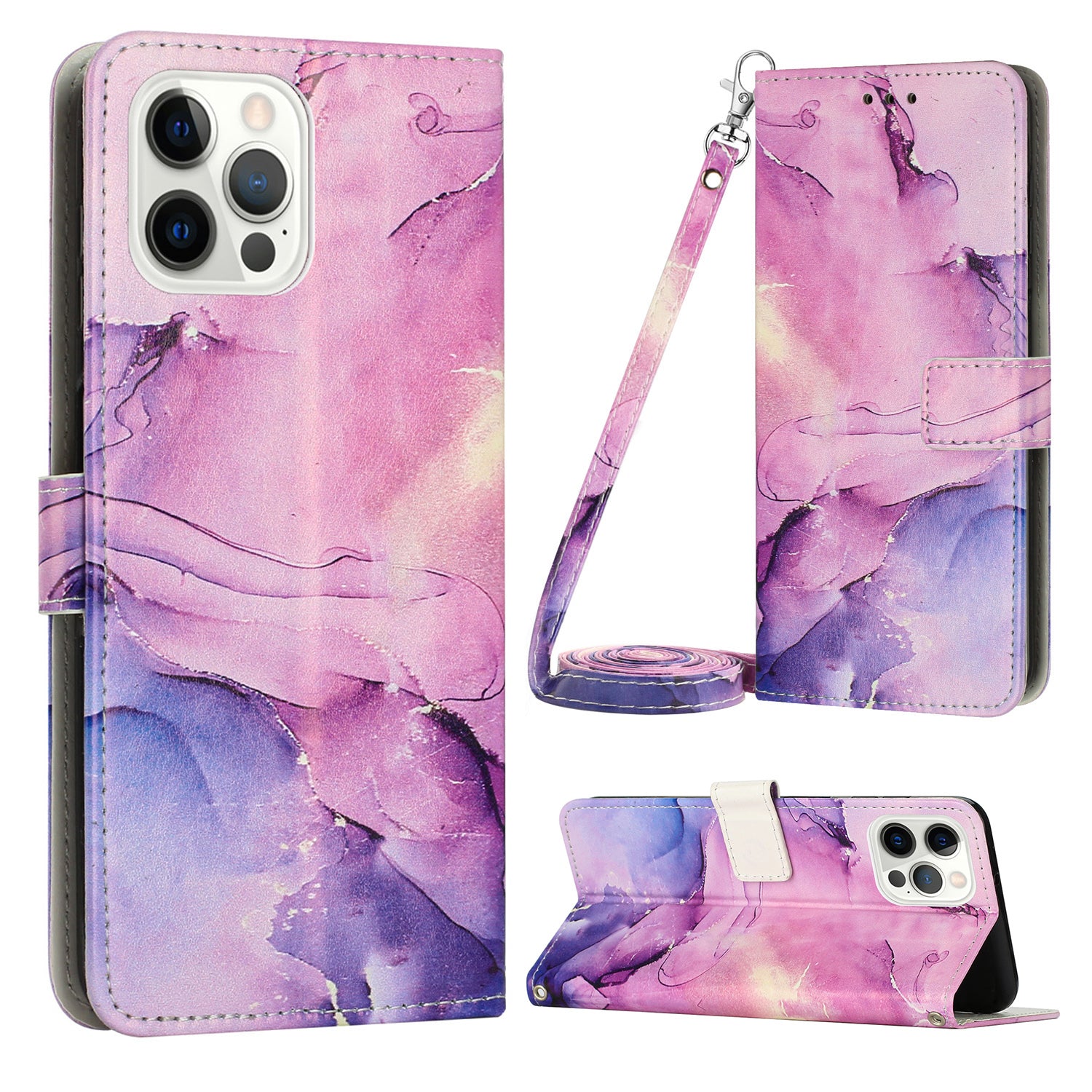 Wallet PU Leather Phone Case for iPhone 15 Pro , Marble Pattern Stand Case with Shoulder Strap - Purple