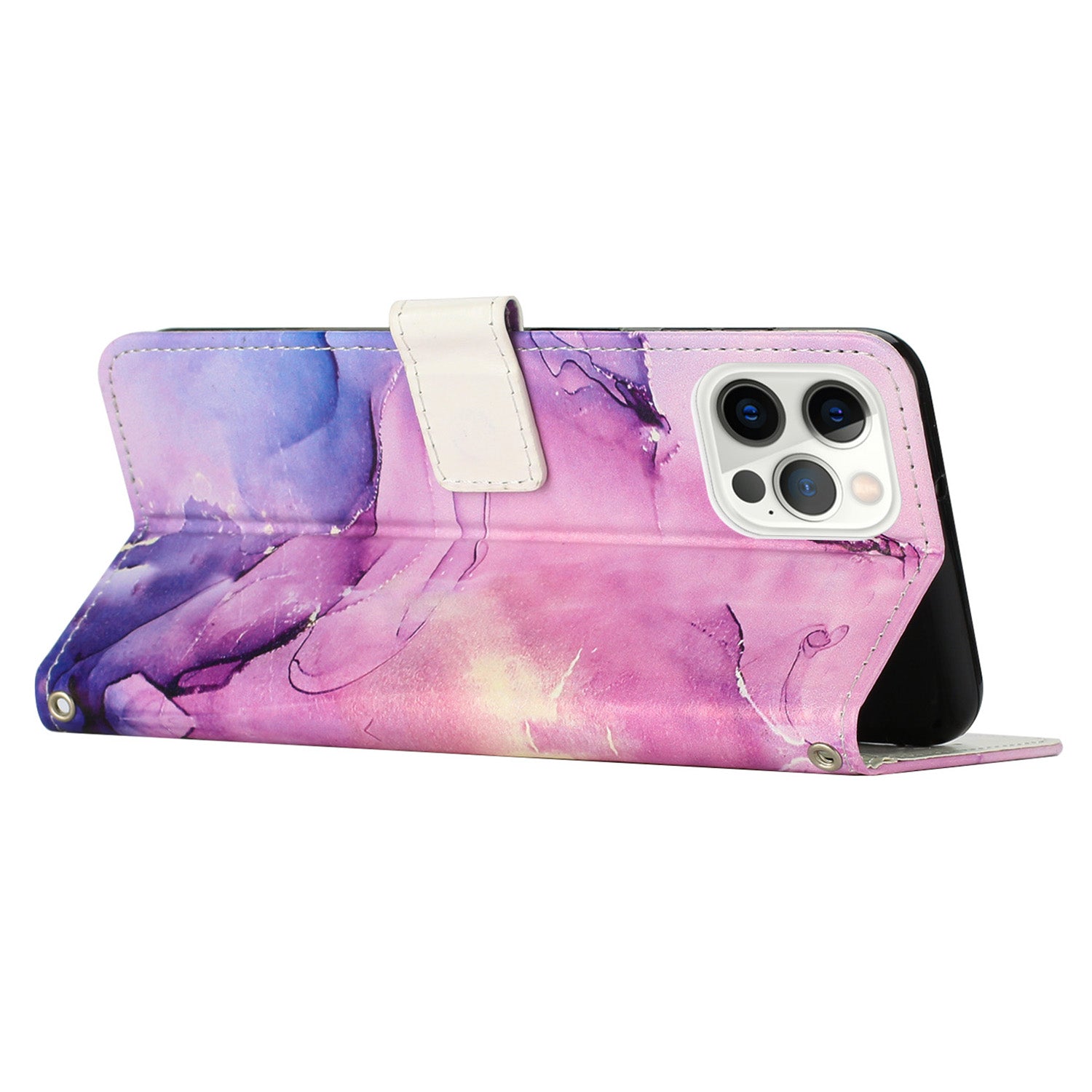 Wallet PU Leather Phone Case for iPhone 15 Pro , Marble Pattern Stand Case with Shoulder Strap - Purple