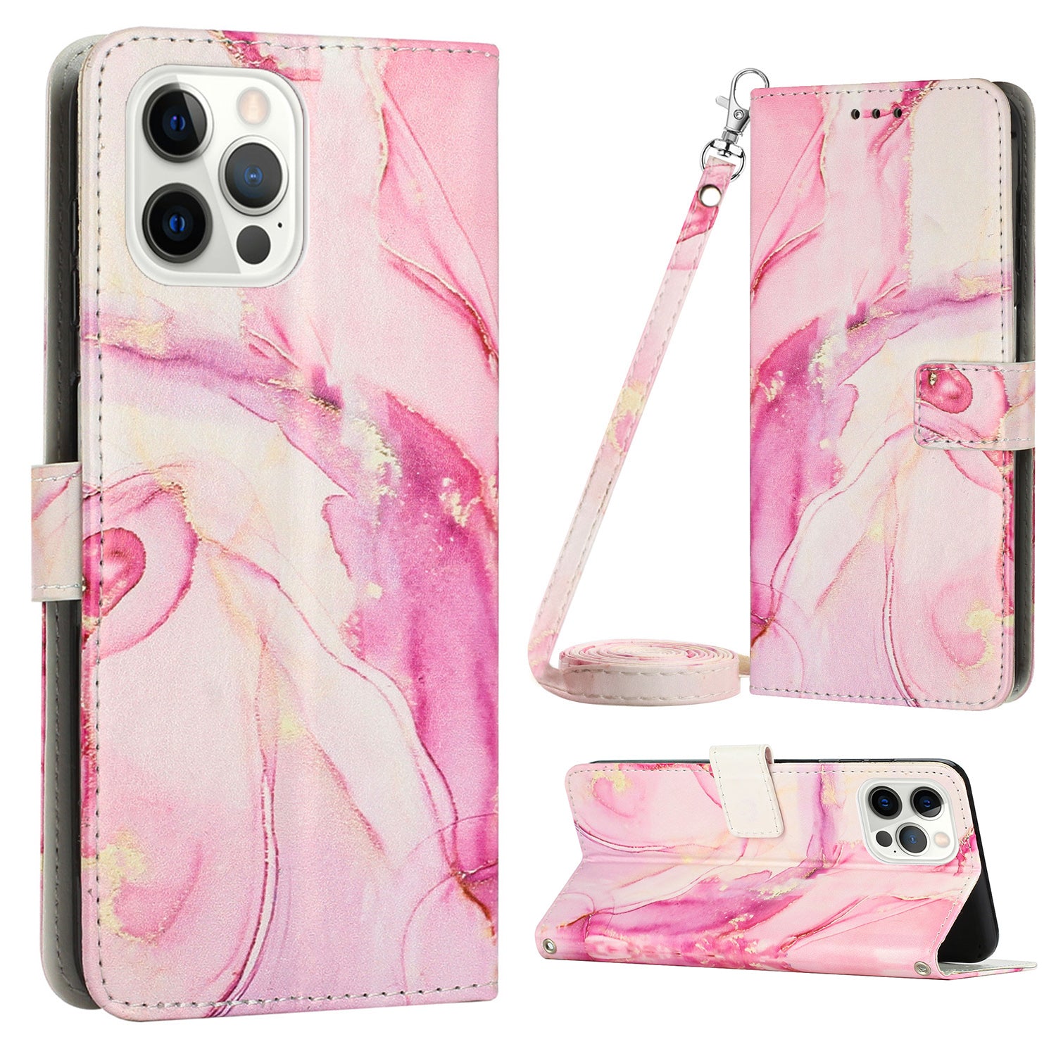 Wallet PU Leather Phone Case for iPhone 15 Pro , Marble Pattern Stand Case with Shoulder Strap - Rose Gold