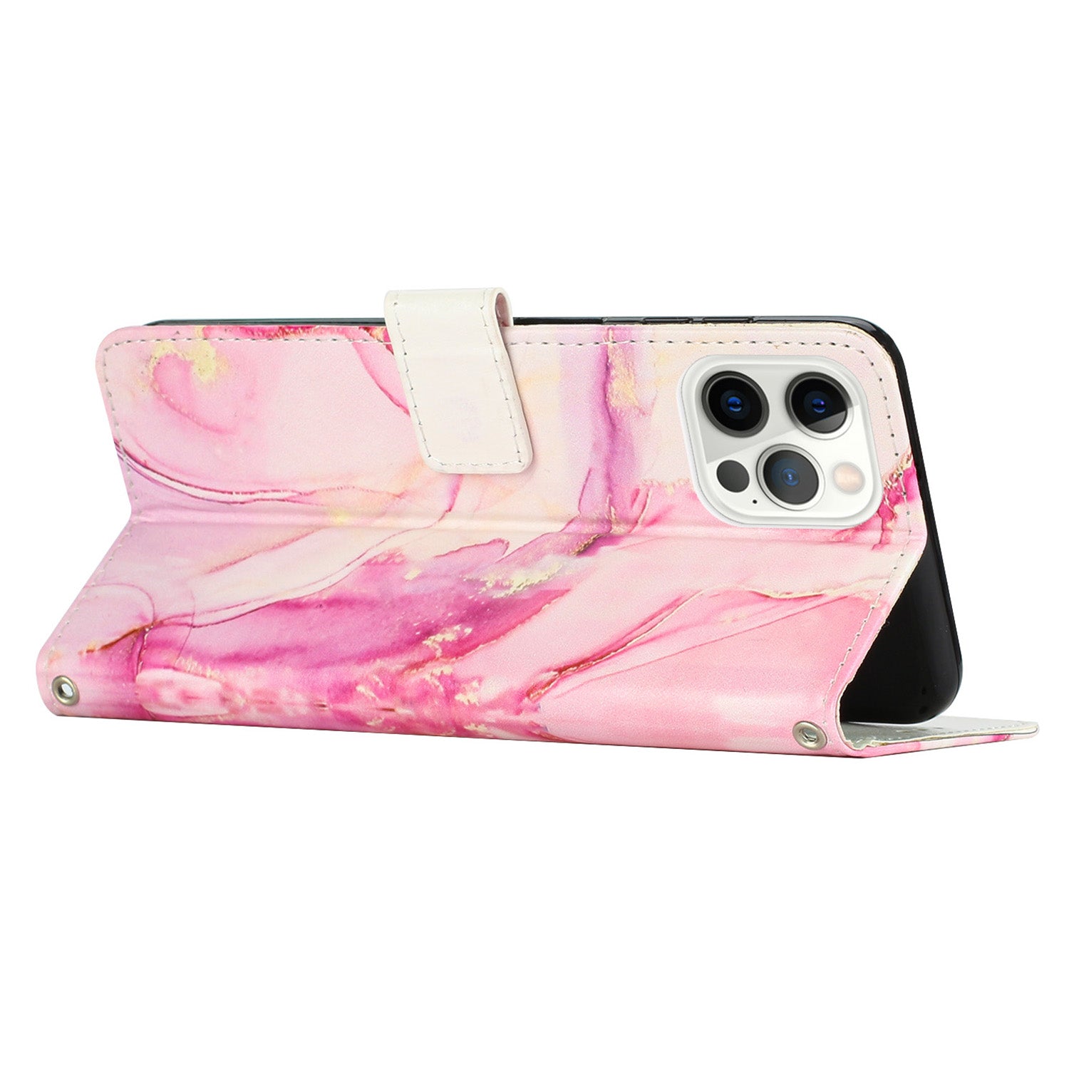 Wallet PU Leather Phone Case for iPhone 15 Pro , Marble Pattern Stand Case with Shoulder Strap - Rose Gold