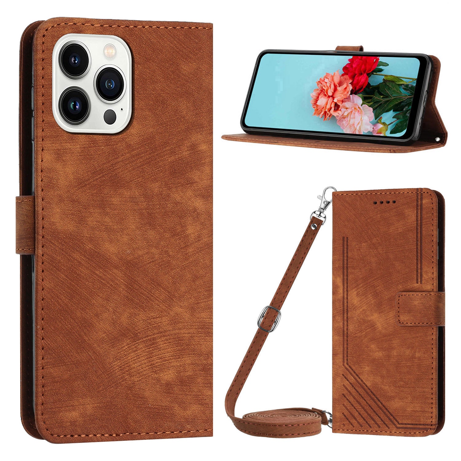 Wallet Leather Case for iPhone 15 Pro , Lines Imprinted Stand Anti-drop Cover with Shoulder Strap - Brown