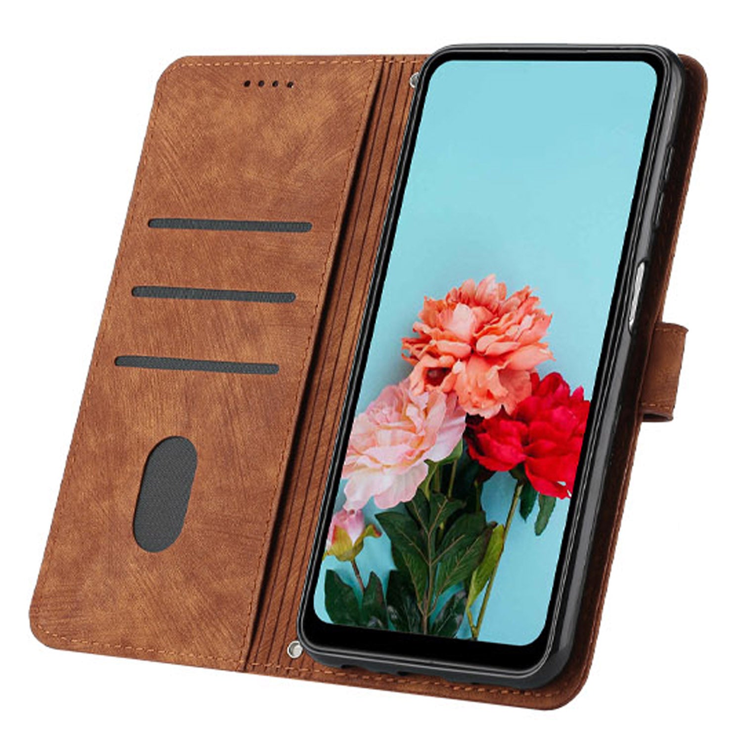 Wallet Leather Case for iPhone 15 Pro , Lines Imprinted Stand Anti-drop Cover with Shoulder Strap - Brown