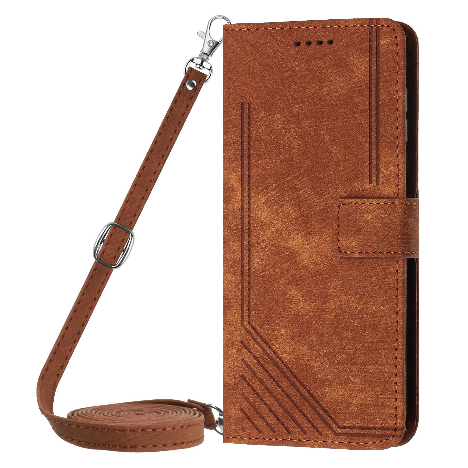 Wallet Leather Case for iPhone 15 Pro , Lines Imprinted Stand Anti-drop Cover with Shoulder Strap - Brown