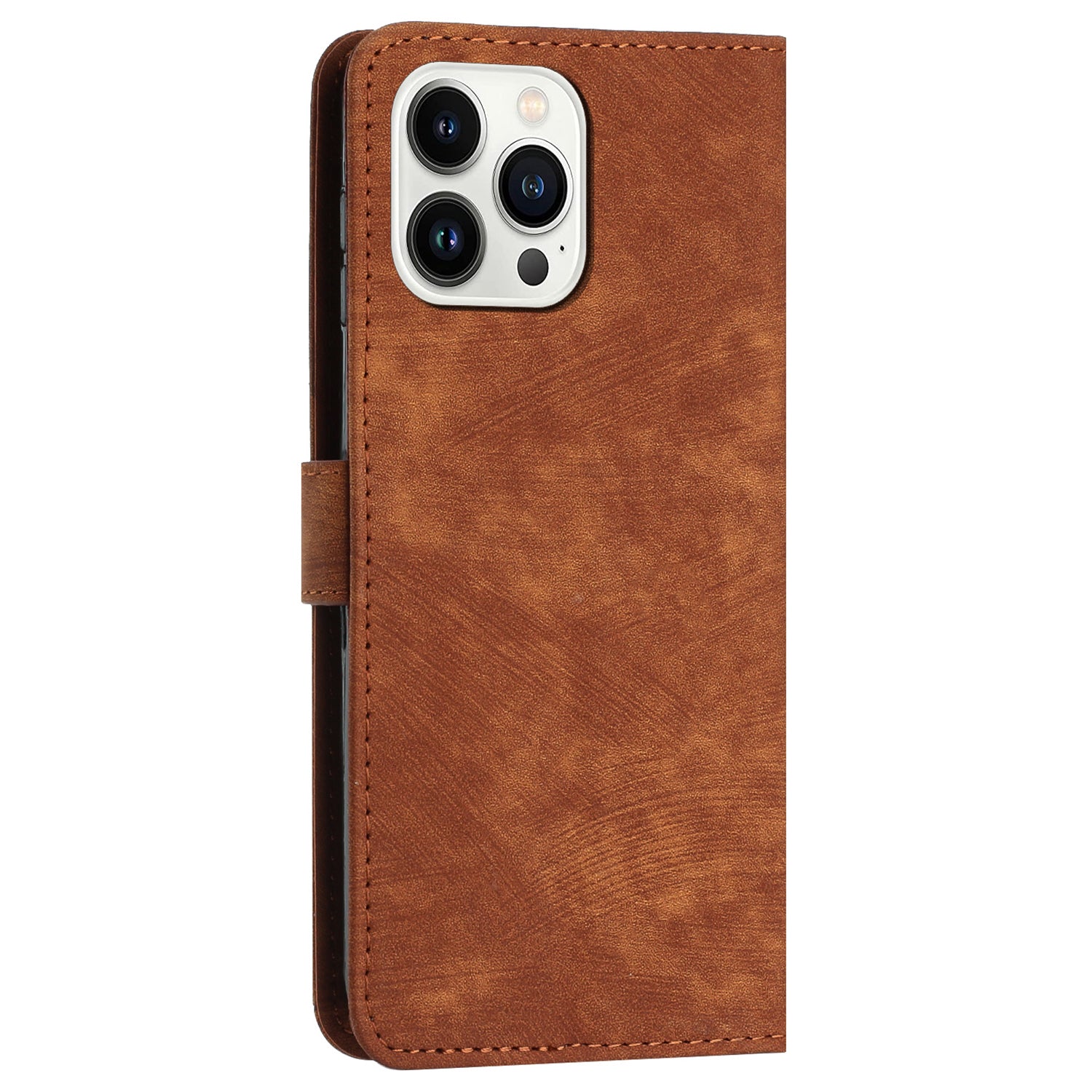 Wallet Leather Case for iPhone 15 Pro , Lines Imprinted Stand Anti-drop Cover with Shoulder Strap - Brown