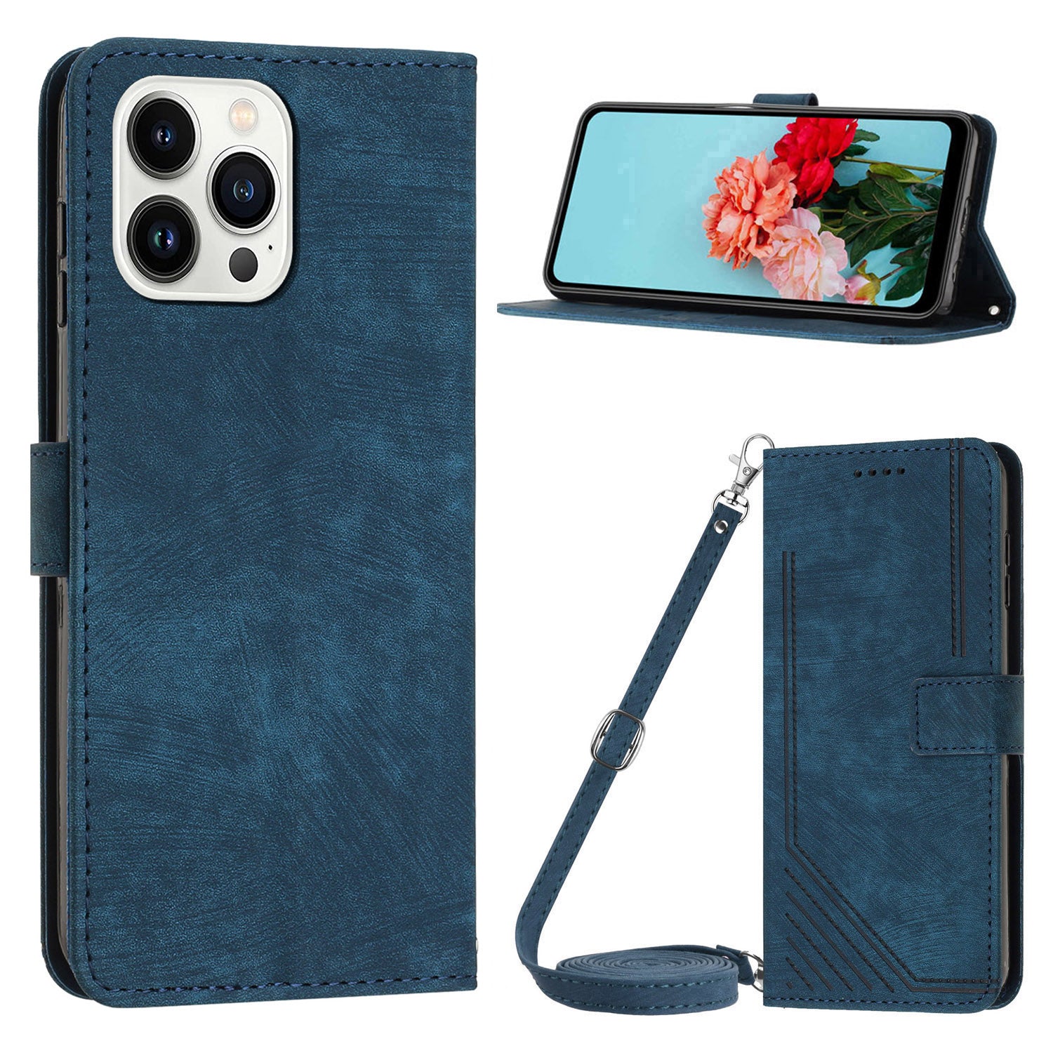 Wallet Leather Case for iPhone 15 Pro , Lines Imprinted Stand Anti-drop Cover with Shoulder Strap - Sapphire