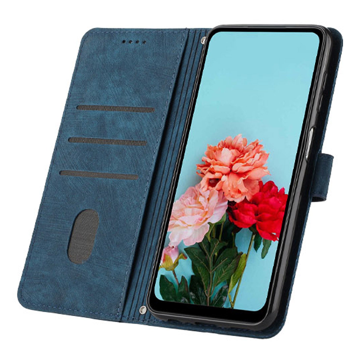 Wallet Leather Case for iPhone 15 Pro , Lines Imprinted Stand Anti-drop Cover with Shoulder Strap - Sapphire