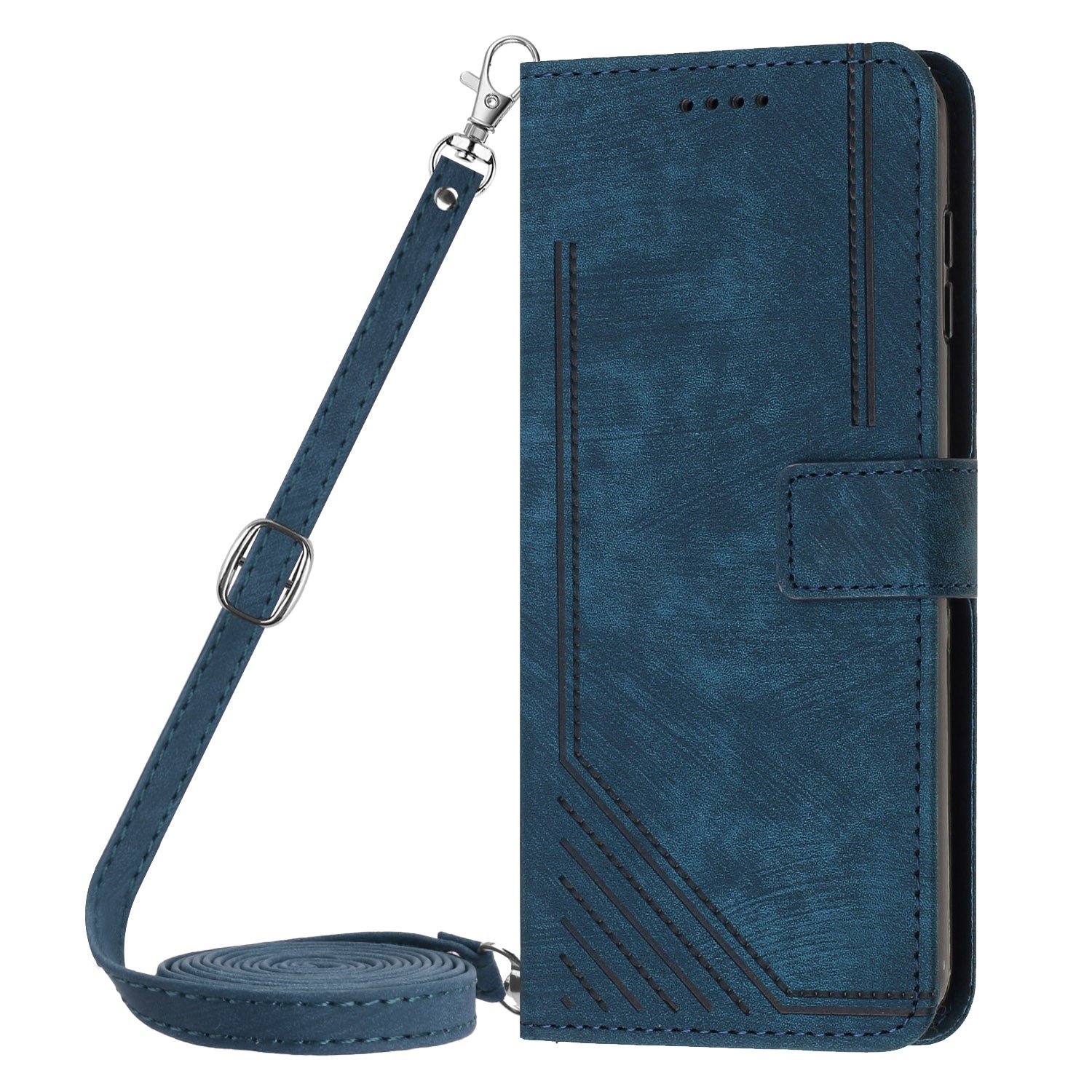 Wallet Leather Case for iPhone 15 Pro , Lines Imprinted Stand Anti-drop Cover with Shoulder Strap - Sapphire