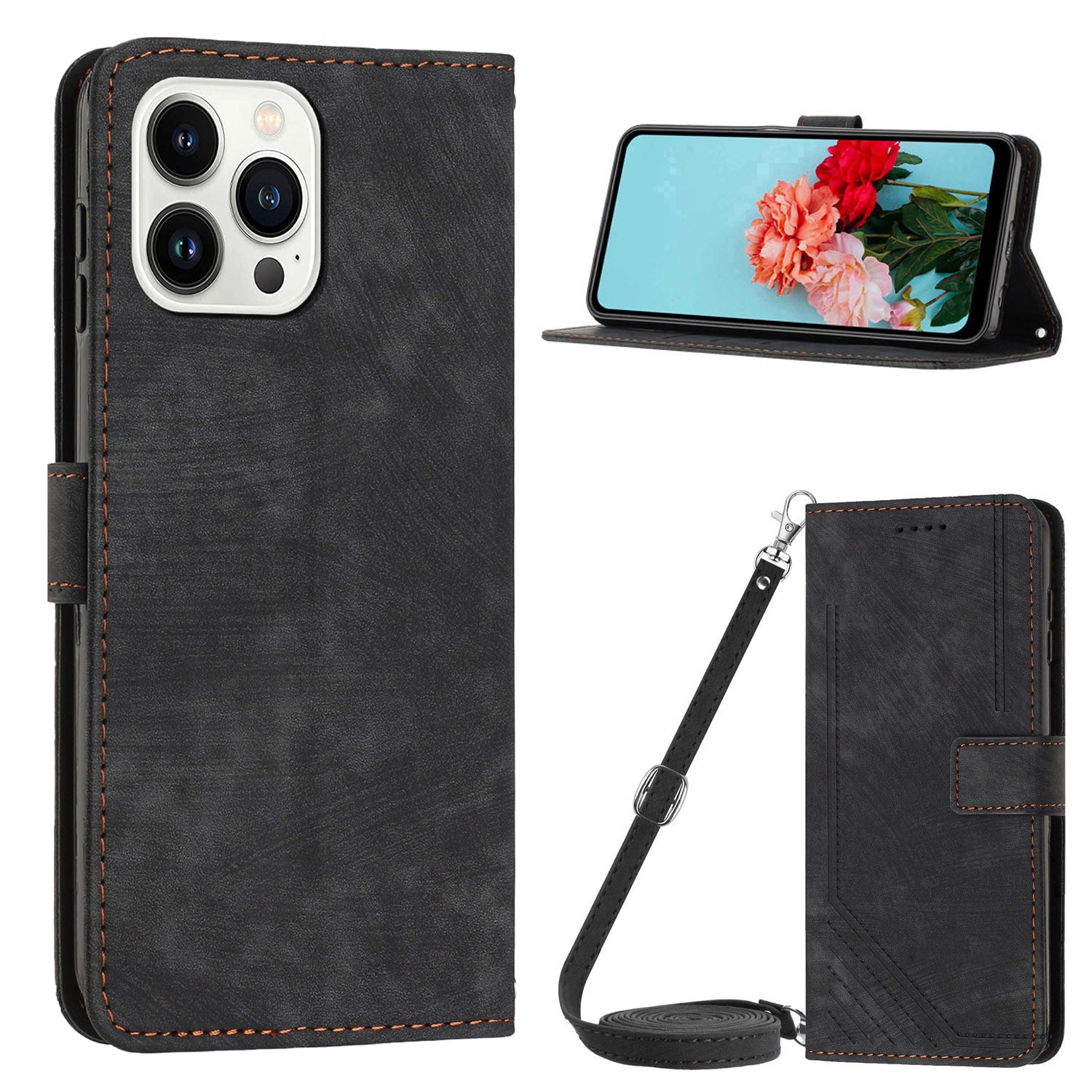 Wallet Leather Case for iPhone 15 Pro , Lines Imprinted Stand Anti-drop Cover with Shoulder Strap - Black