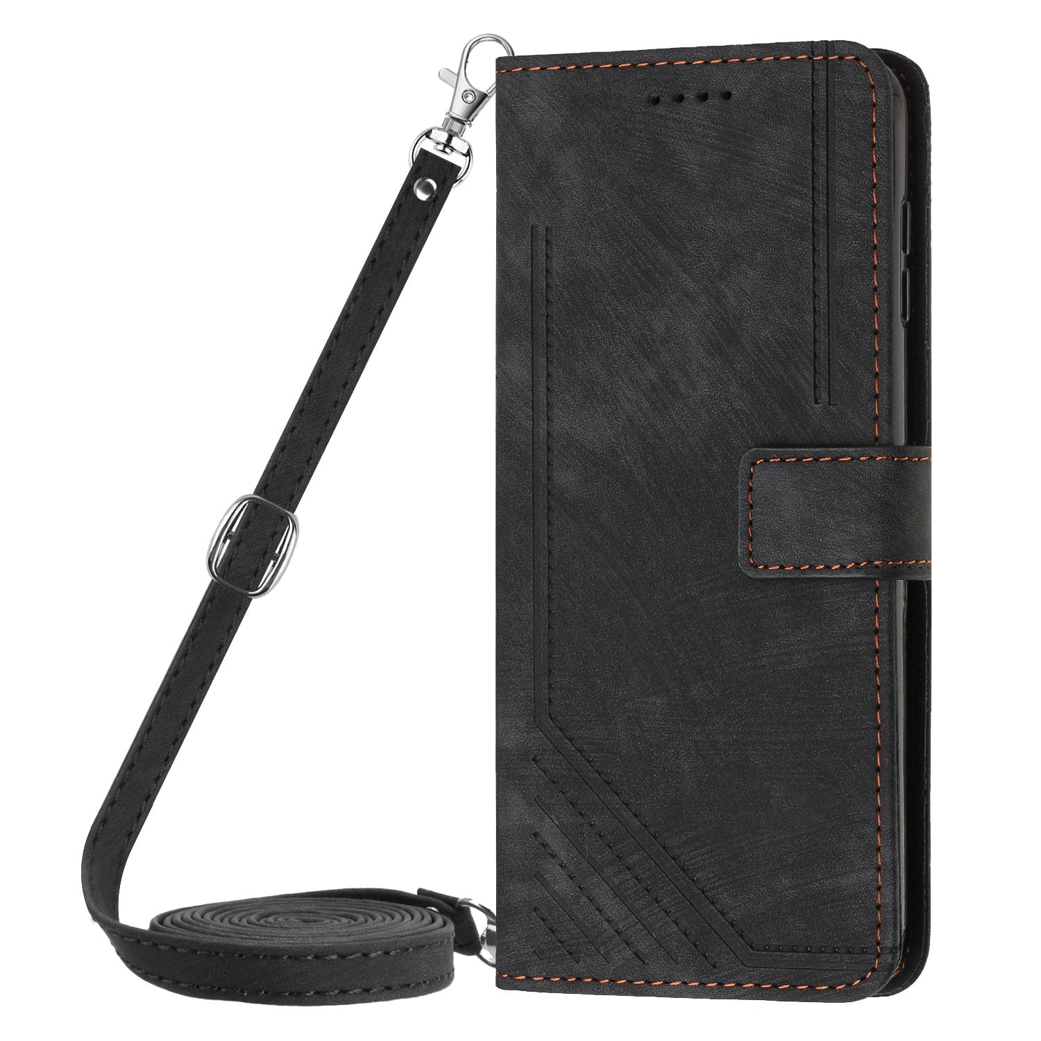 Wallet Leather Case for iPhone 15 Pro , Lines Imprinted Stand Anti-drop Cover with Shoulder Strap - Black